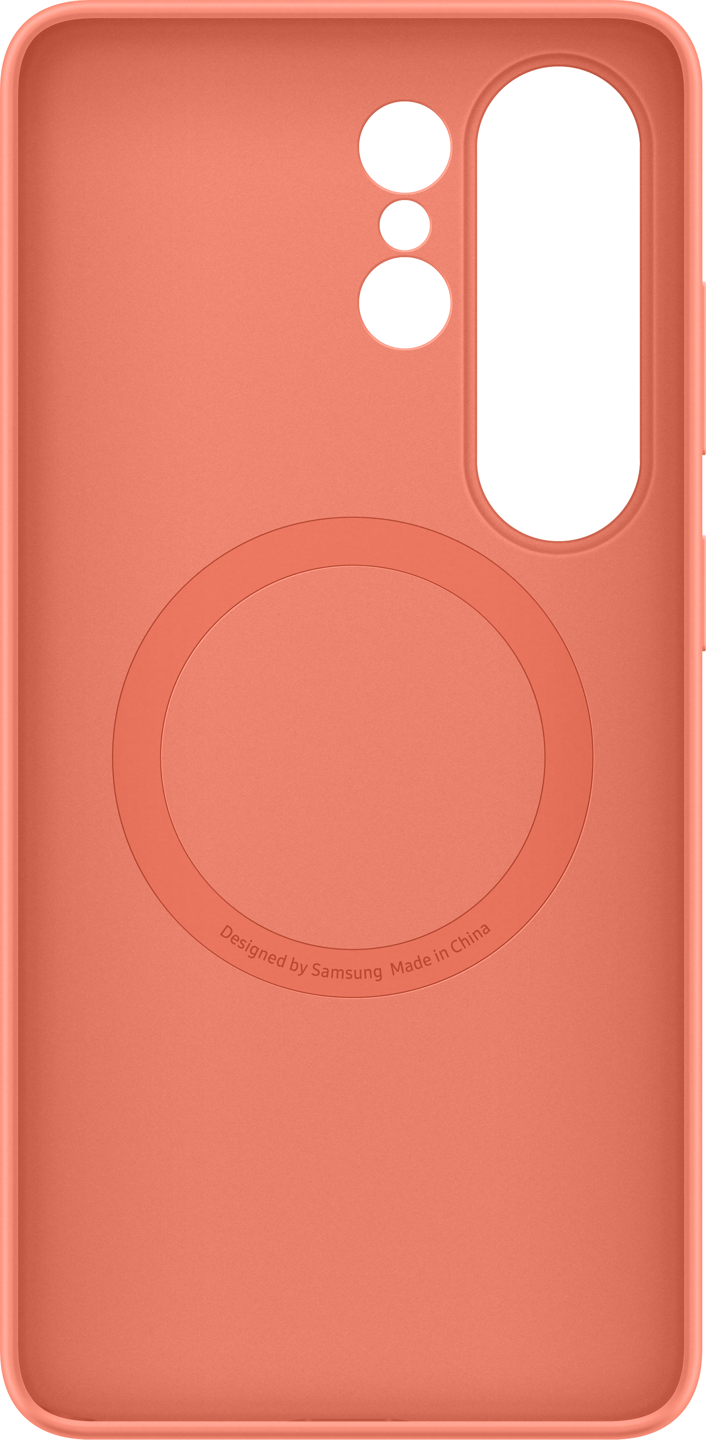 Custodia arancione per telefono con ricarica magnetica circolare e ritaglio fotocamera.