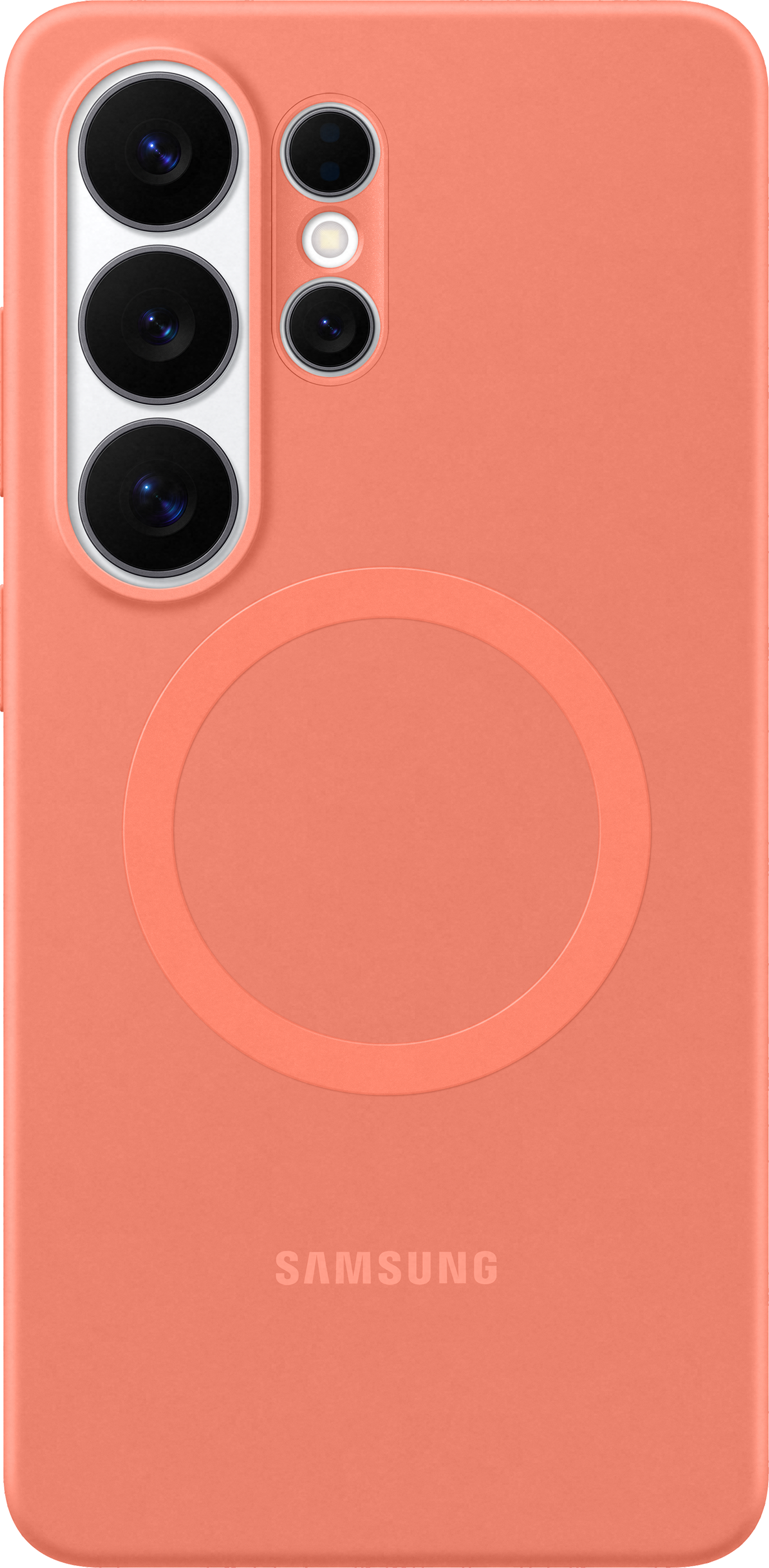 Una cover per telefono color corallo con tre fotocamere e un anello sul retro.