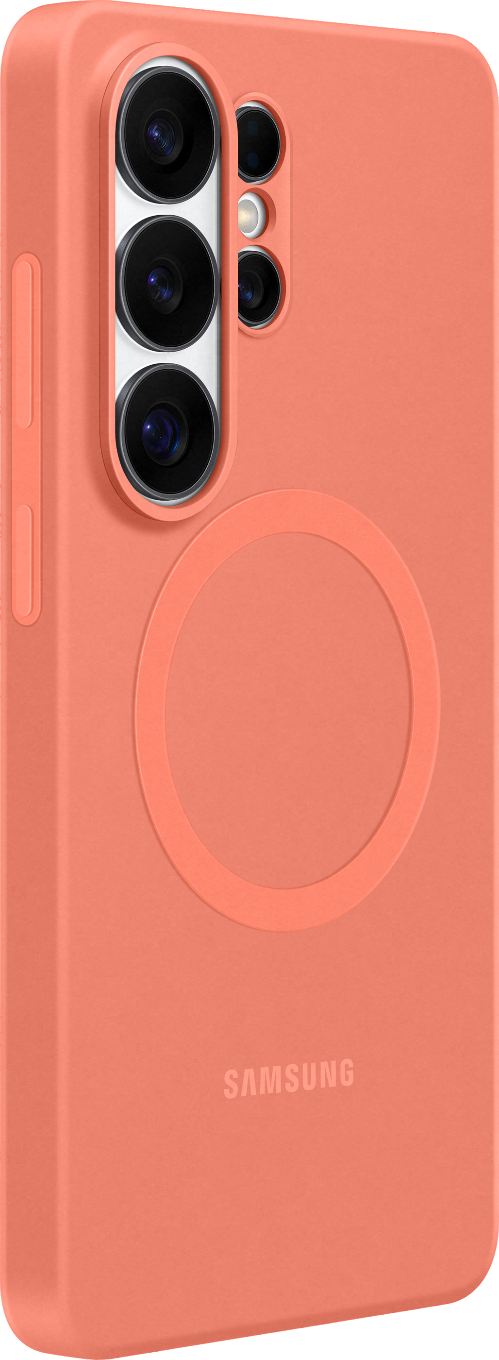 Un telefono Samsung color corallo con lenti e un cerchio.