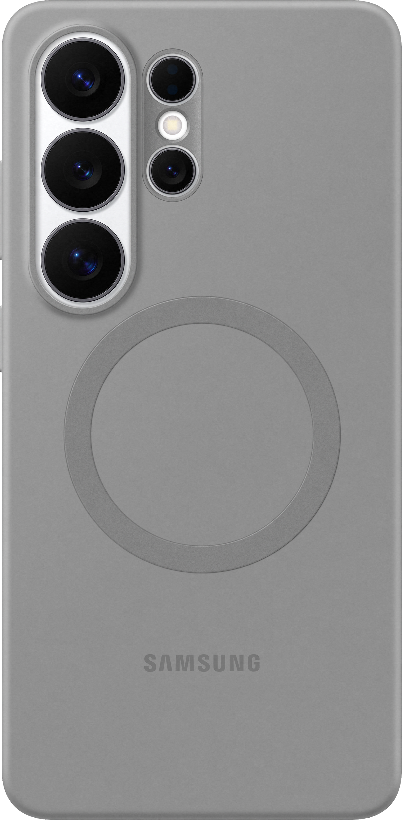 Custodia grigia per telefono con gruppo fotocamere e cerchio di ricarica. Logo Samsung in basso.