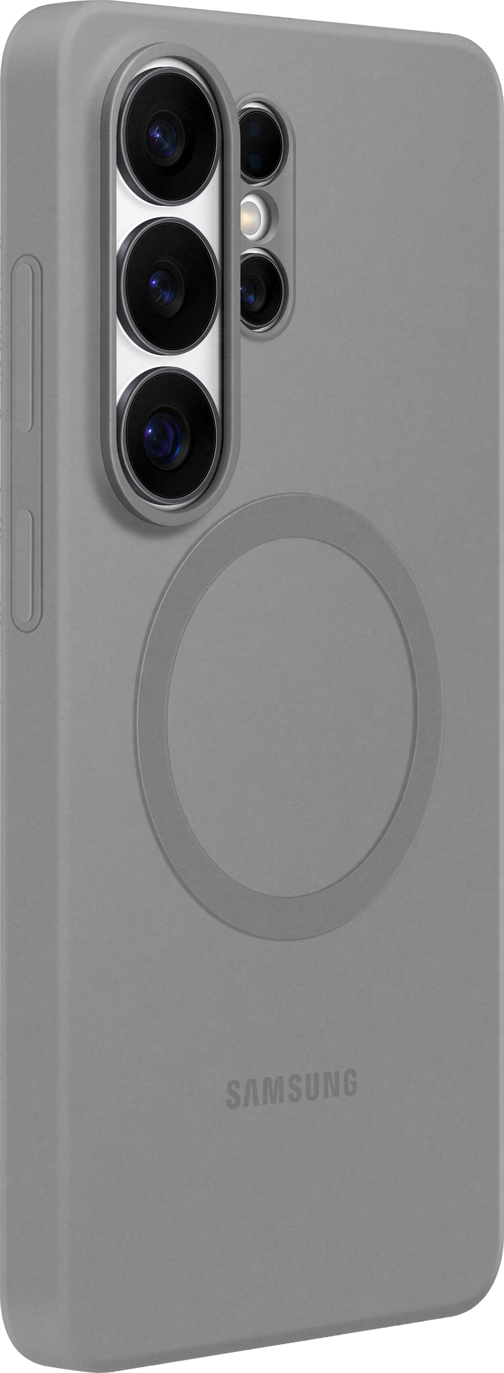 Custodia grigia per telefono con modulo fotocamera e logo Samsung.