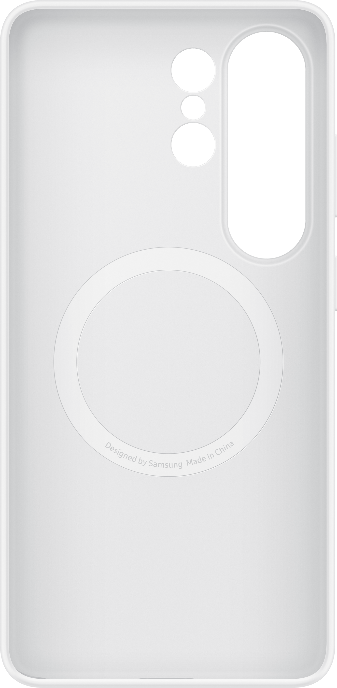 Custodia bianca per telefono con tre ritagli per fotocamera e un cerchio.