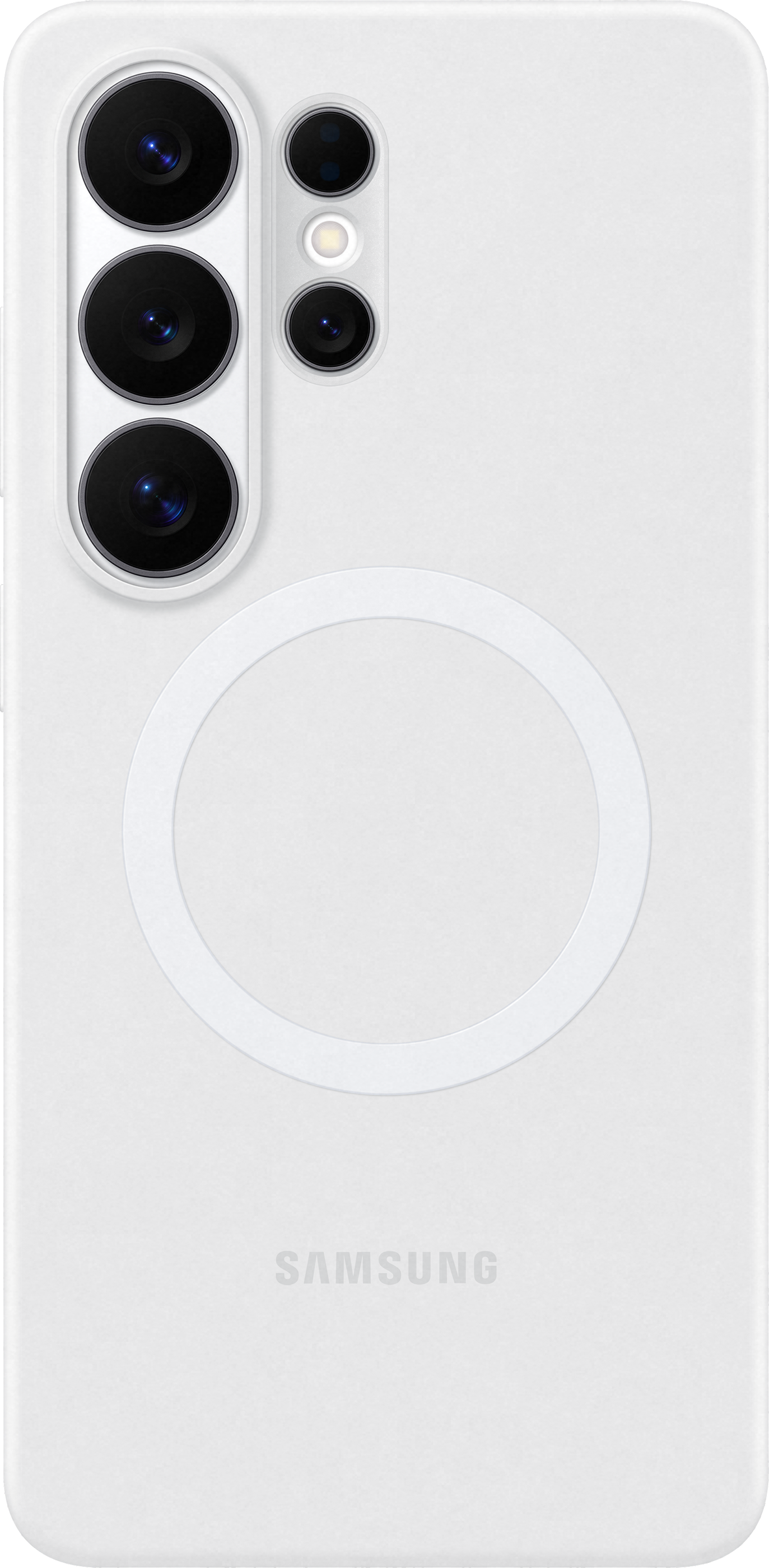 Un telefono Samsung bianco con quattro fotocamere e un'area di ricarica circolare.