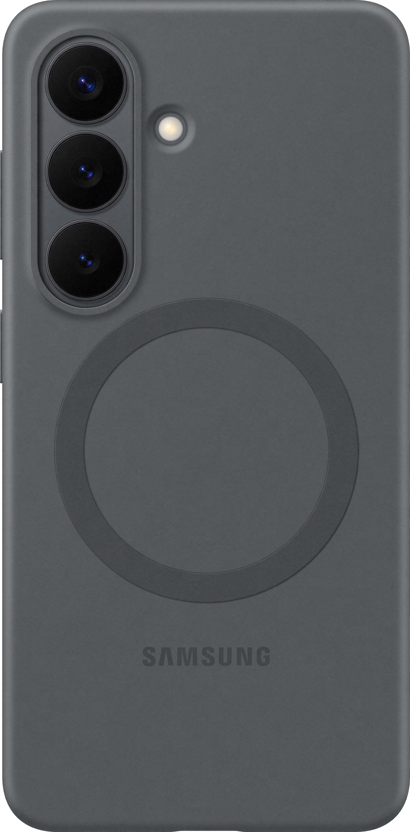 Custodia grigio scuro con tre lenti, flash e design ad anello.