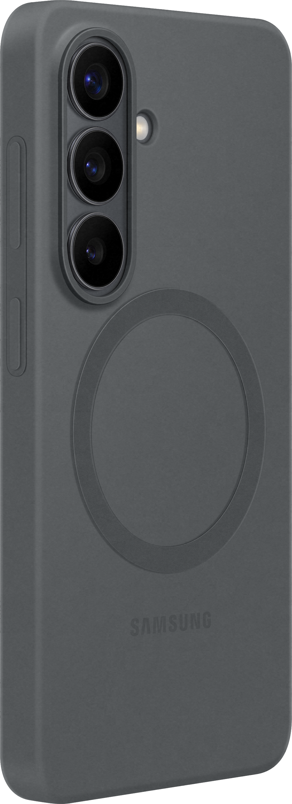 Custodia per telefono grigio scuro con tre fotocamere e anello magnetico.