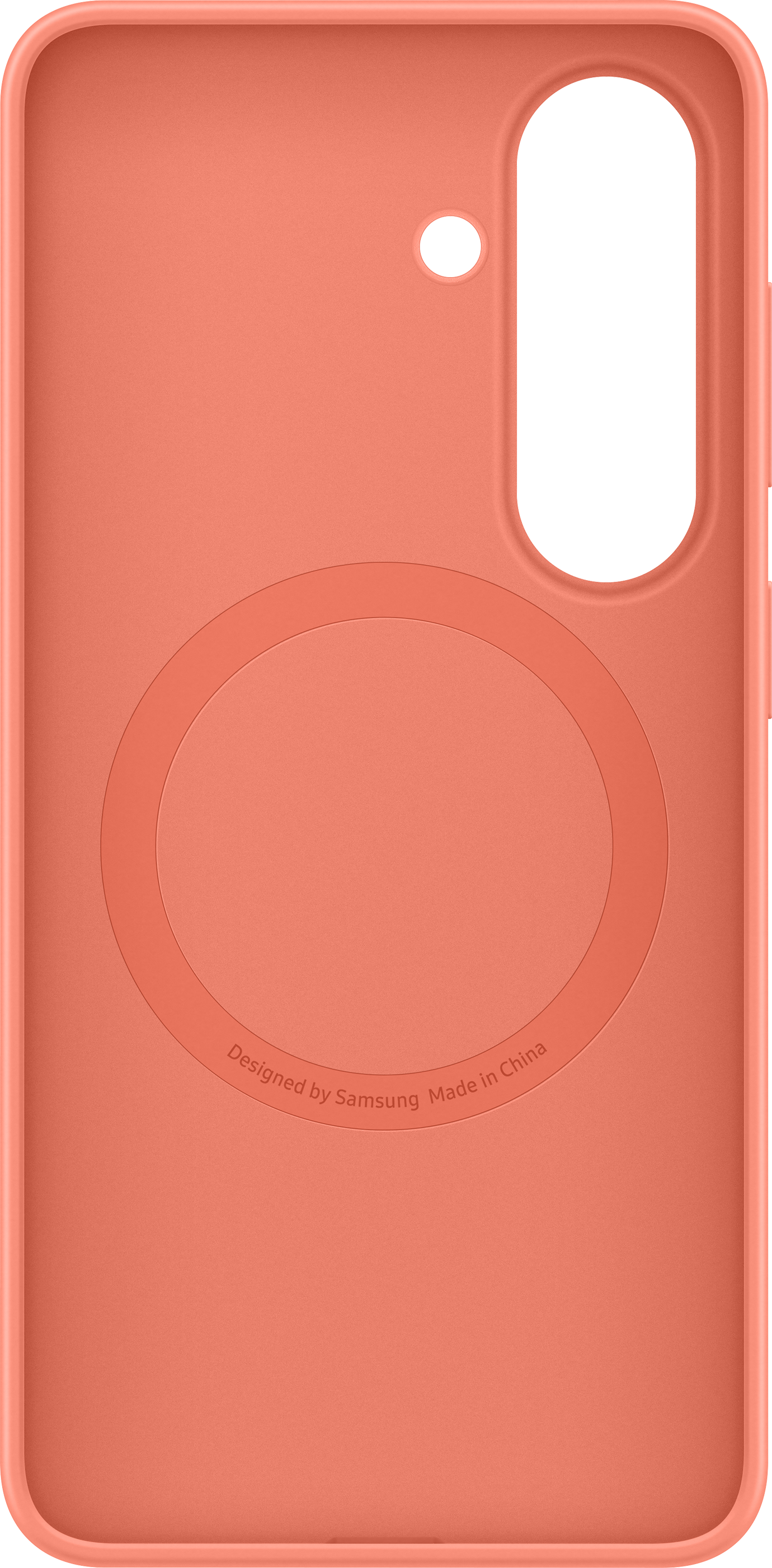 Custodia arancione per telefono con ritaglio circolare e alloggiamento fotocamera.