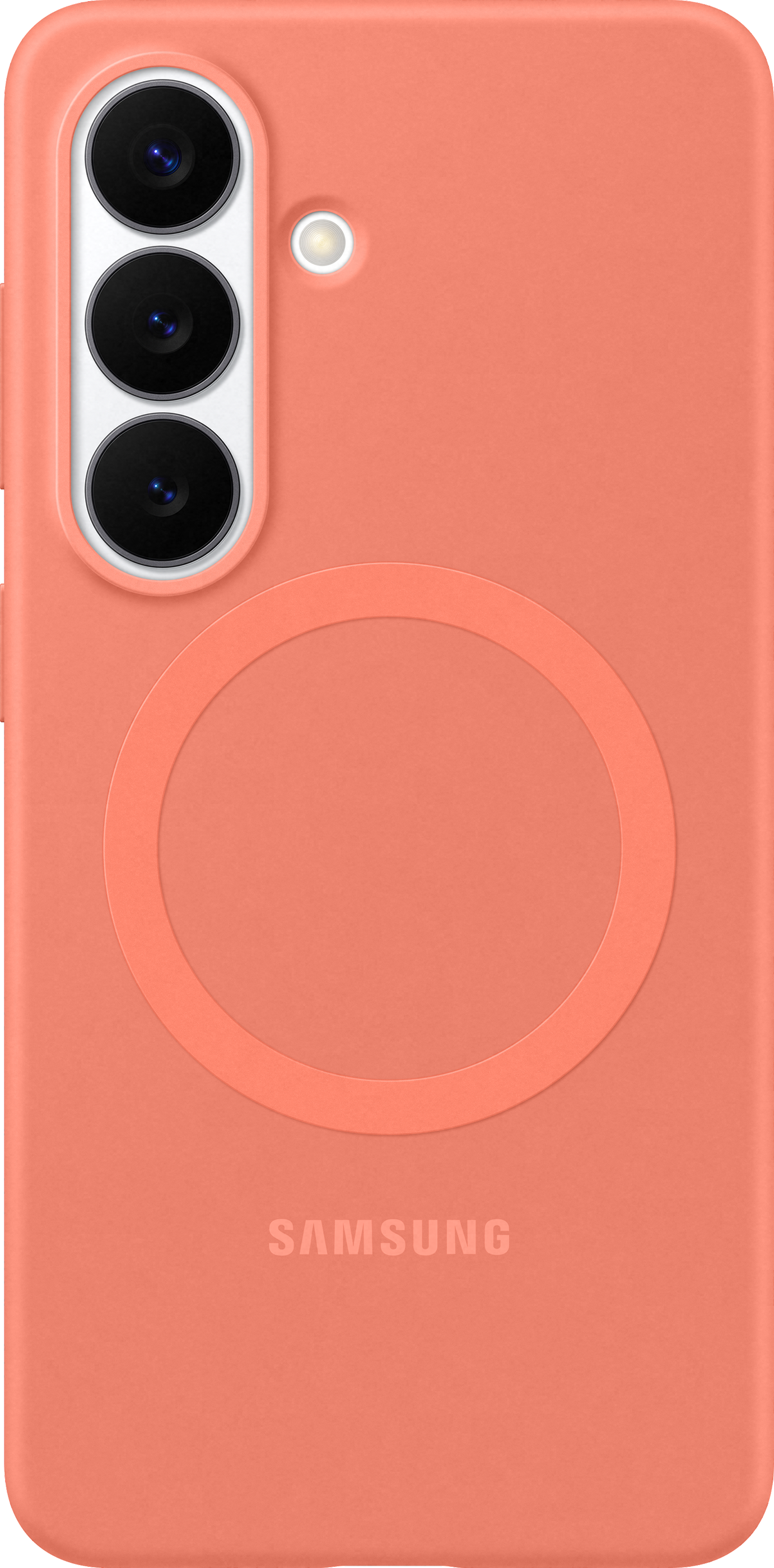 Custodia arancione per telefono con tre fotocamere e un cerchio.