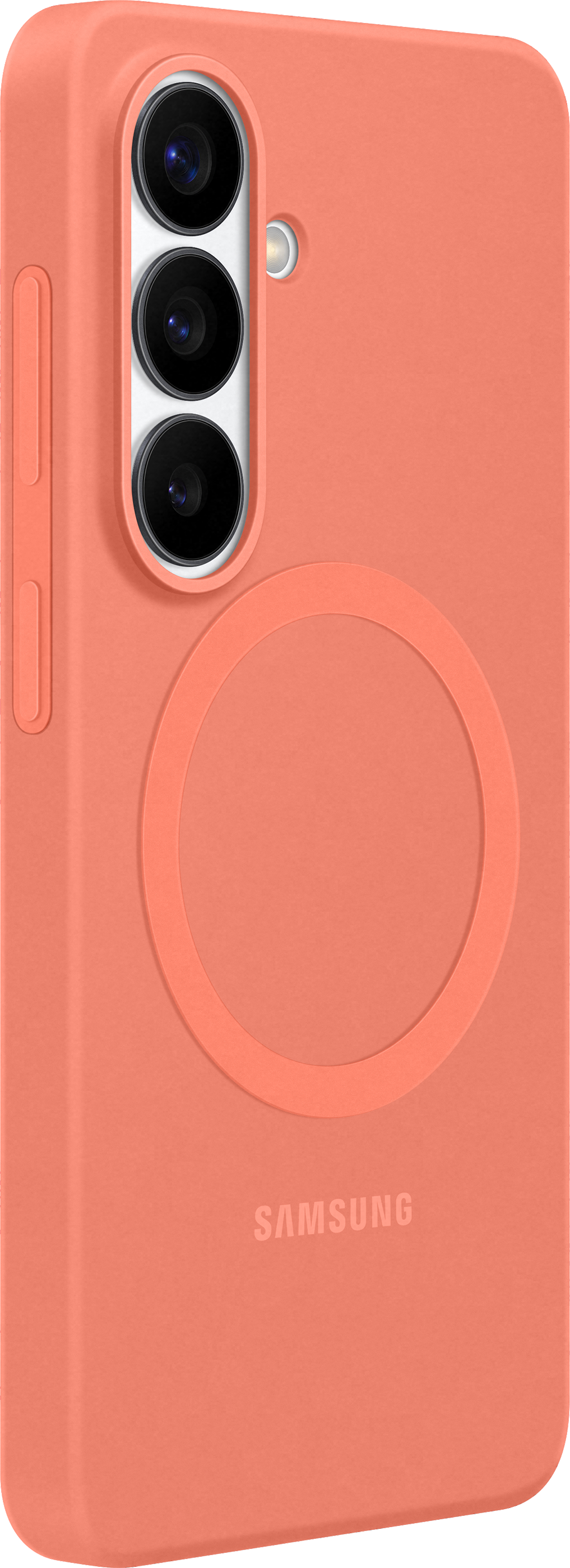Una cover per telefono color corallo con tre lenti e logo Samsung.