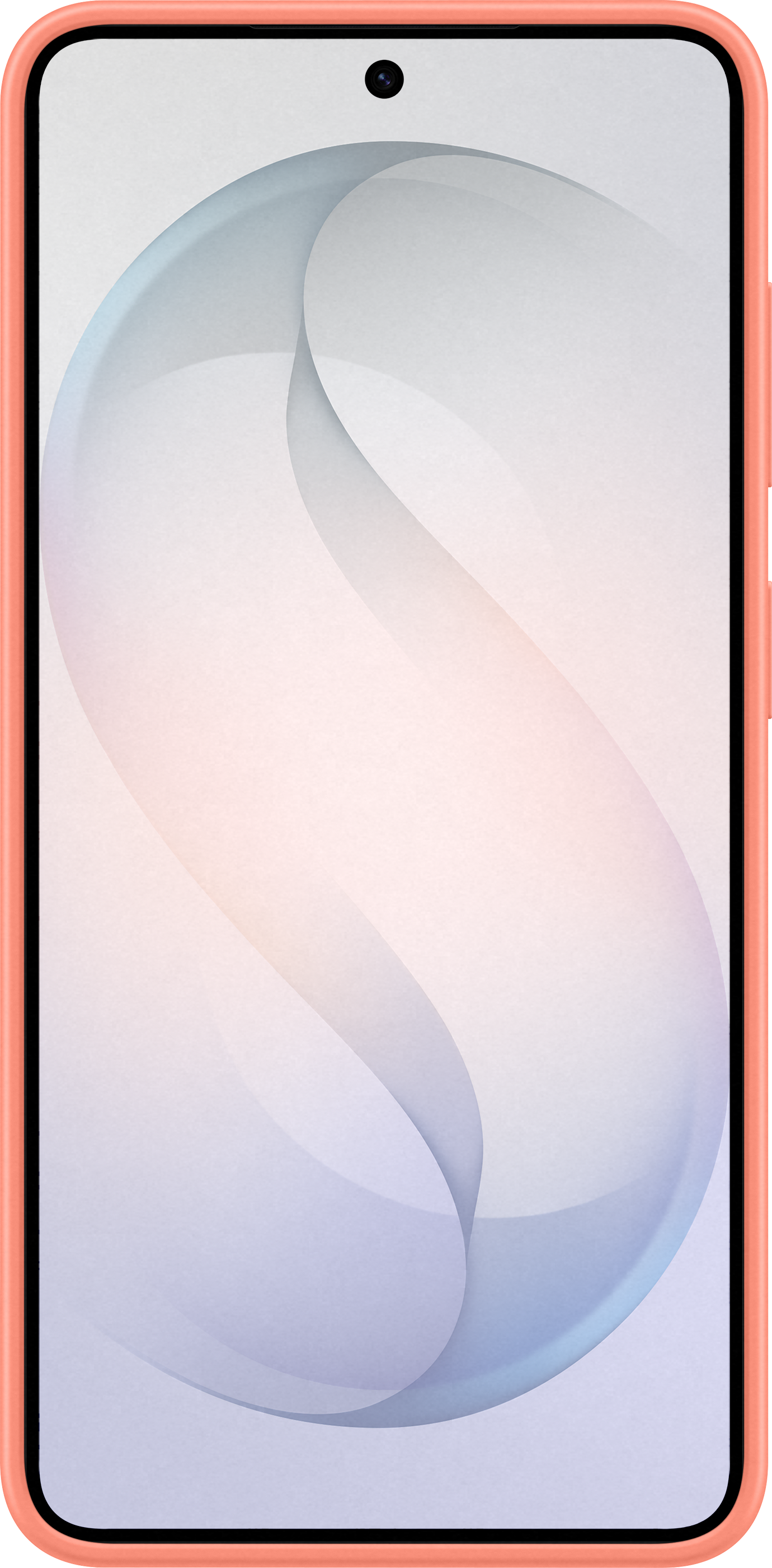 Uno smartphone con custodia arancione e sfondo astratto.