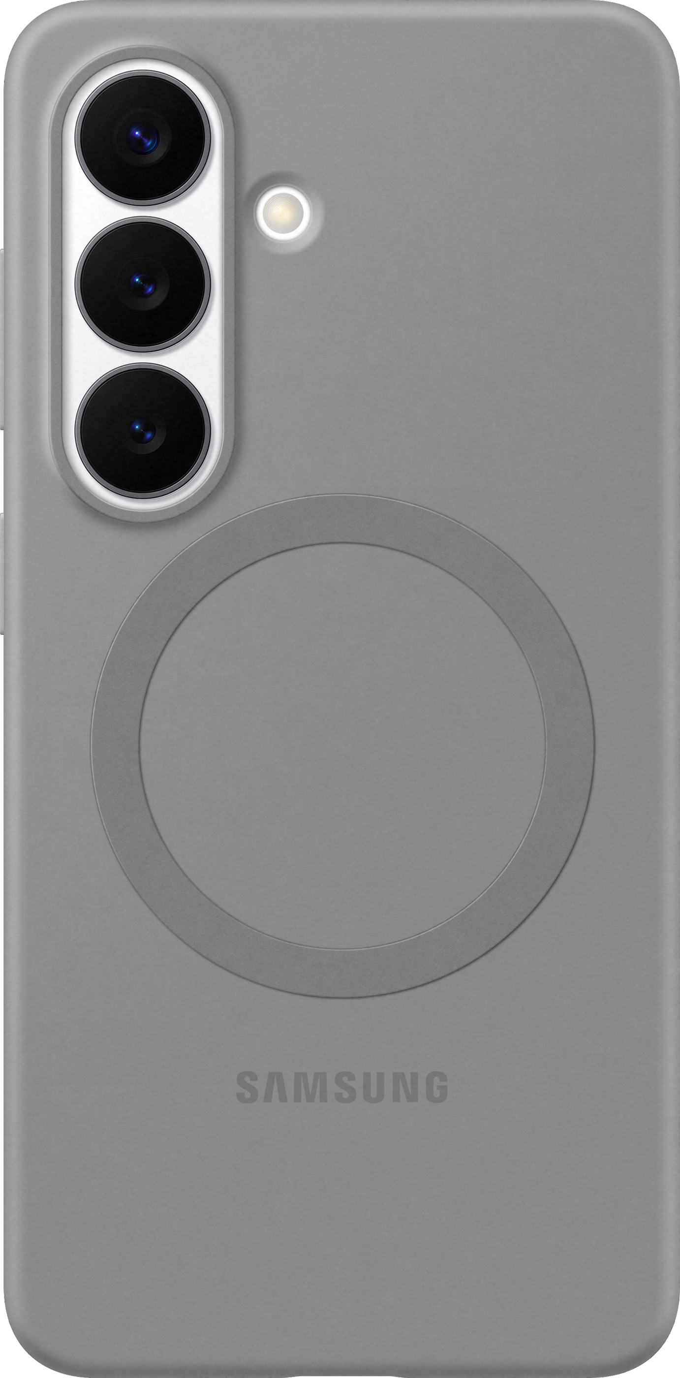 Custodia grigia per telefono con tre obiettivi e flash. Cerchio al centro.