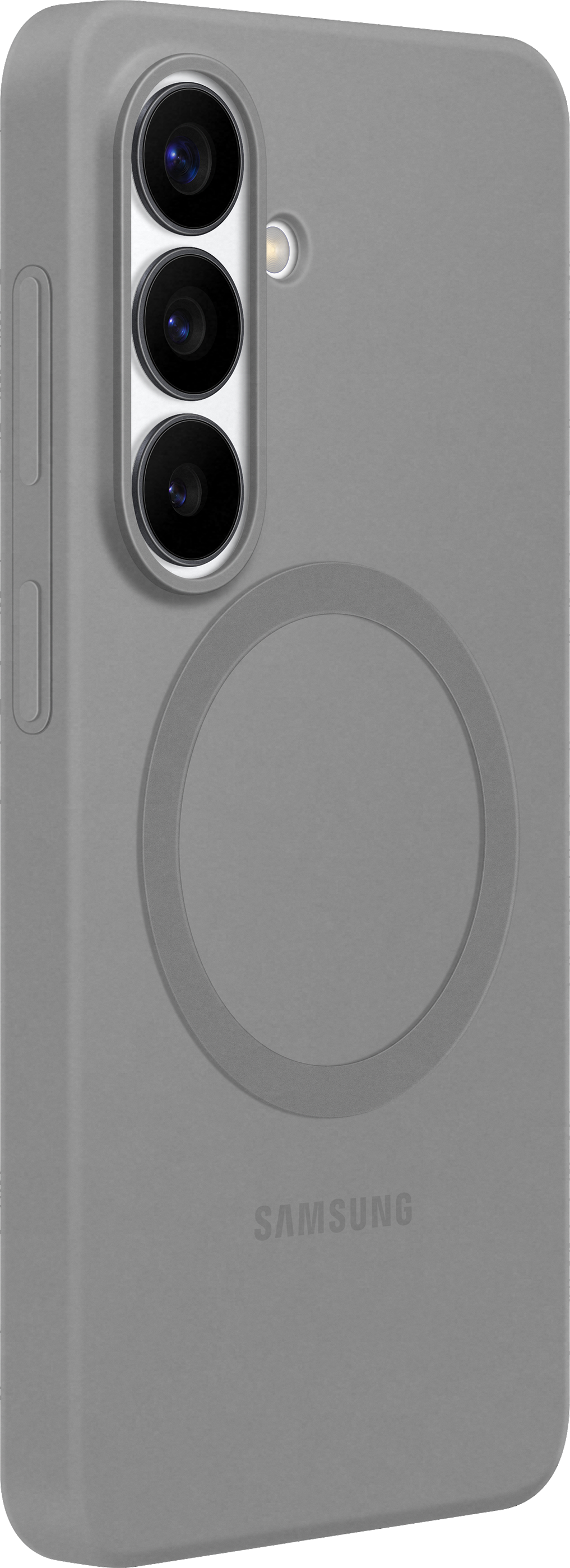 Custodia per telefono grigia con tre obiettivi e un anello magnetico circolare.