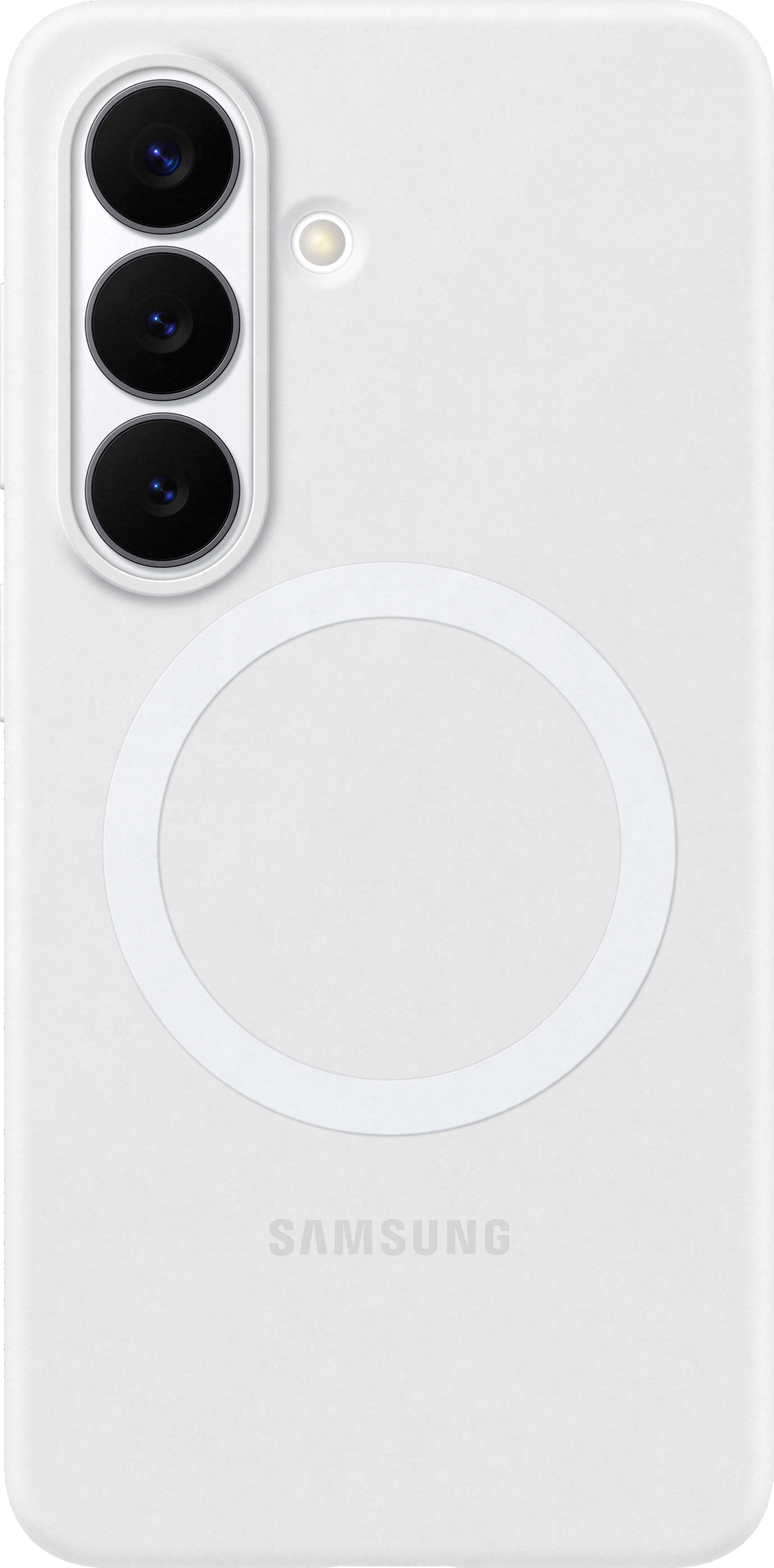 Custodia bianca per telefono con tre fotocamere, flash e design circolare.