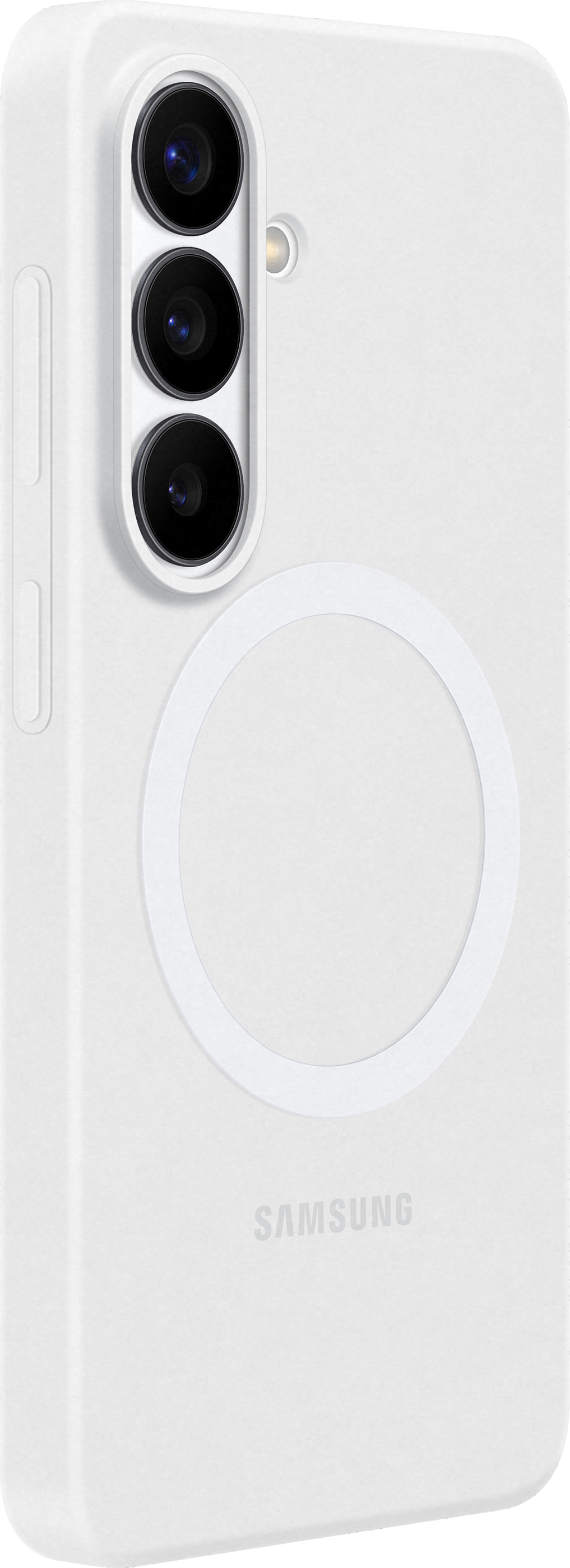 Custodia bianca per telefono con tre fotocamere e un anello circolare.