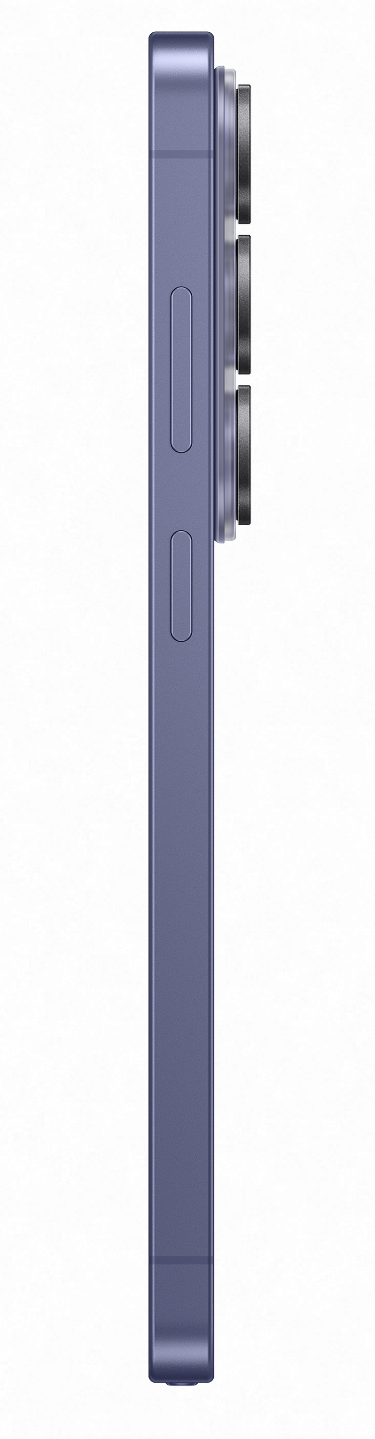 Fioletowy smartfon z boku, z trzema obiektywami i przyciskami głośności.