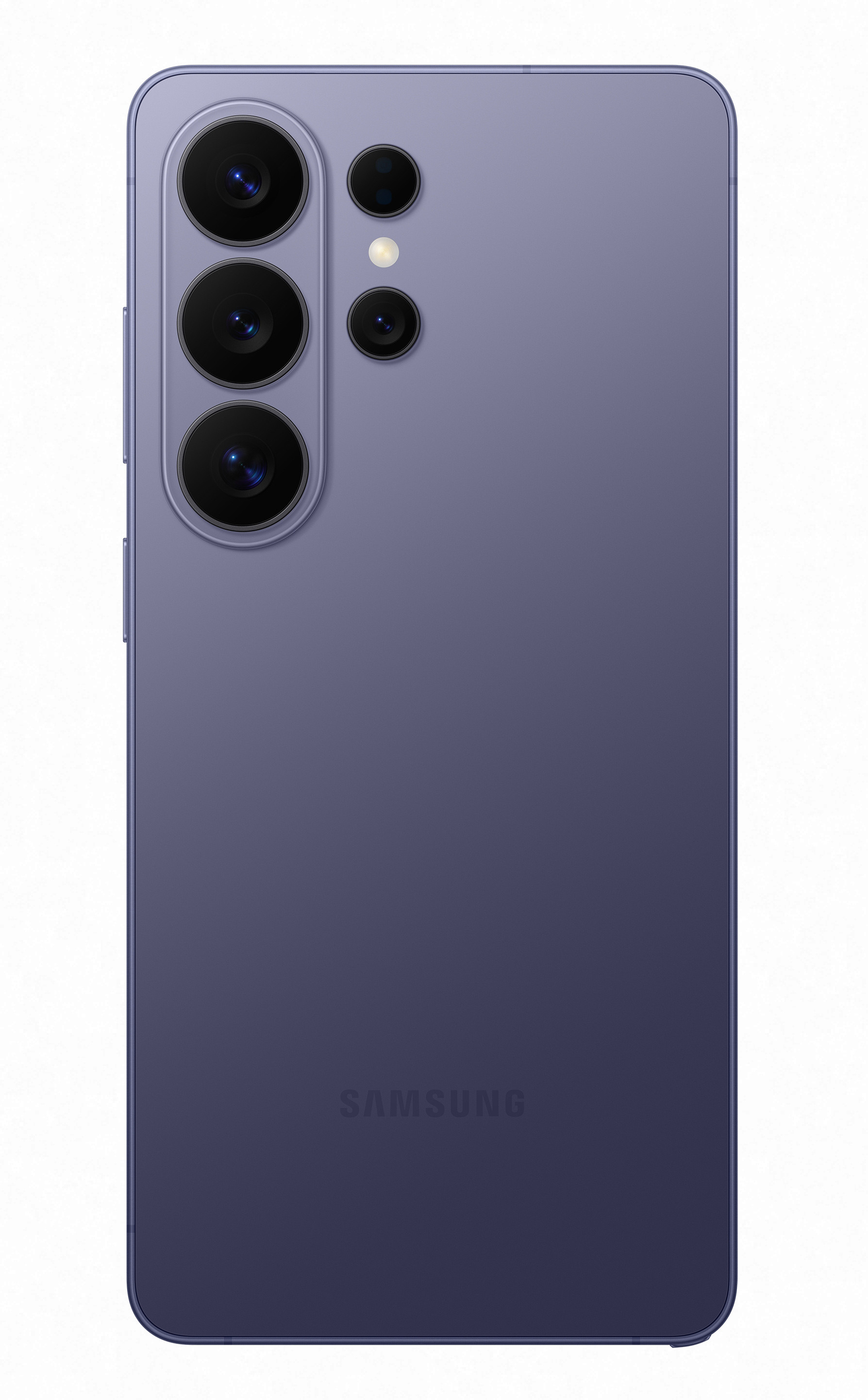 Tył fioletowego smartfona Samsung z czterema aparatami i lampą błyskową.