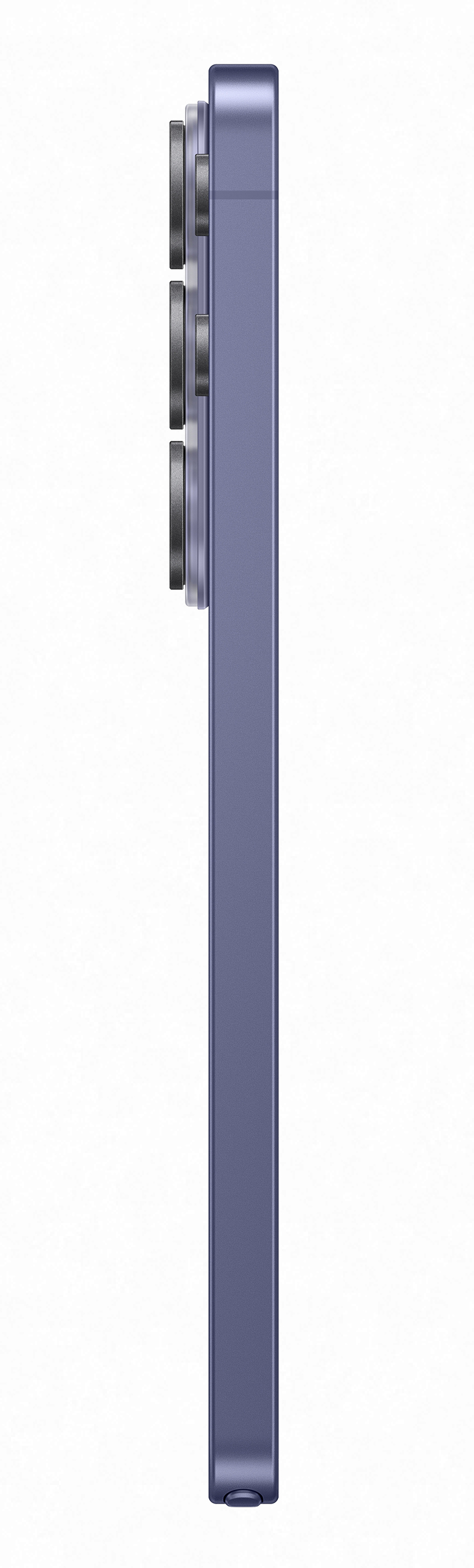 Fioletowy smartfon w profilu z trzema obiektywami po lewej stronie.