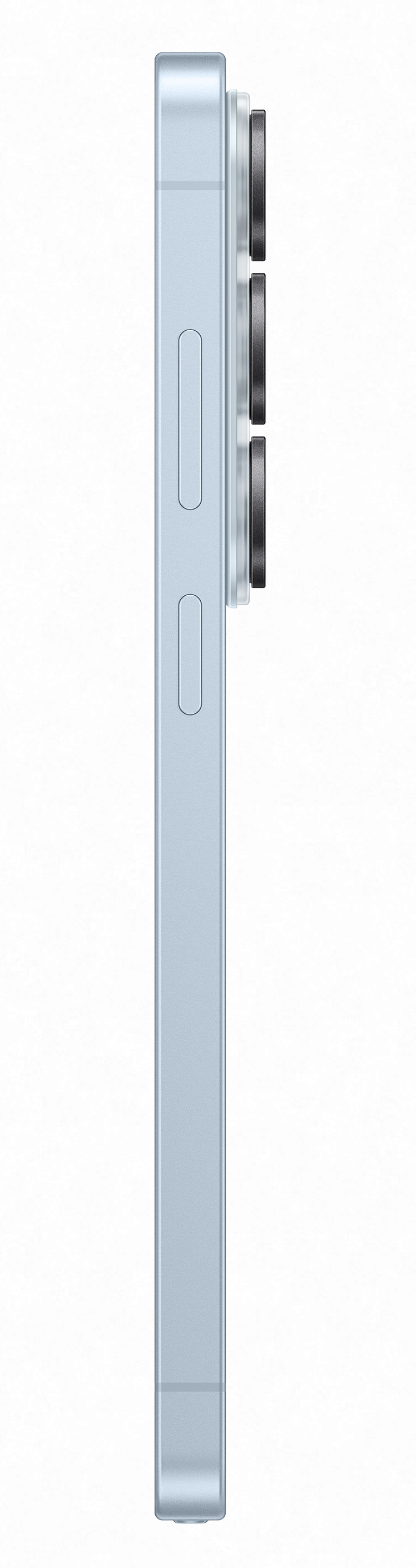 Widok z boku jasnoniebieskiego smartfona z trzema obiektywami aparatu.