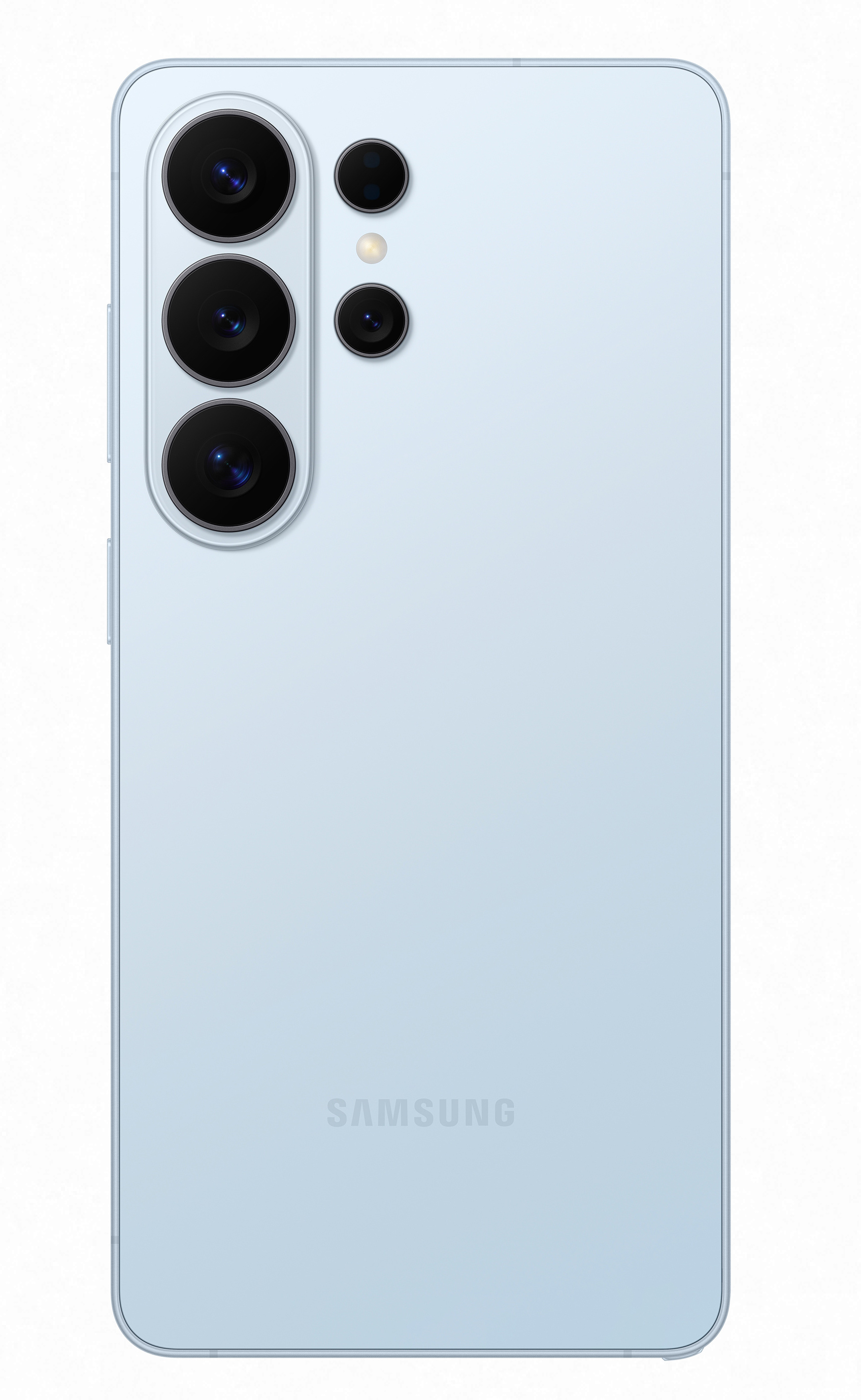 Jasnoniebieski smartfon z czterema aparatami i logo Samsung.