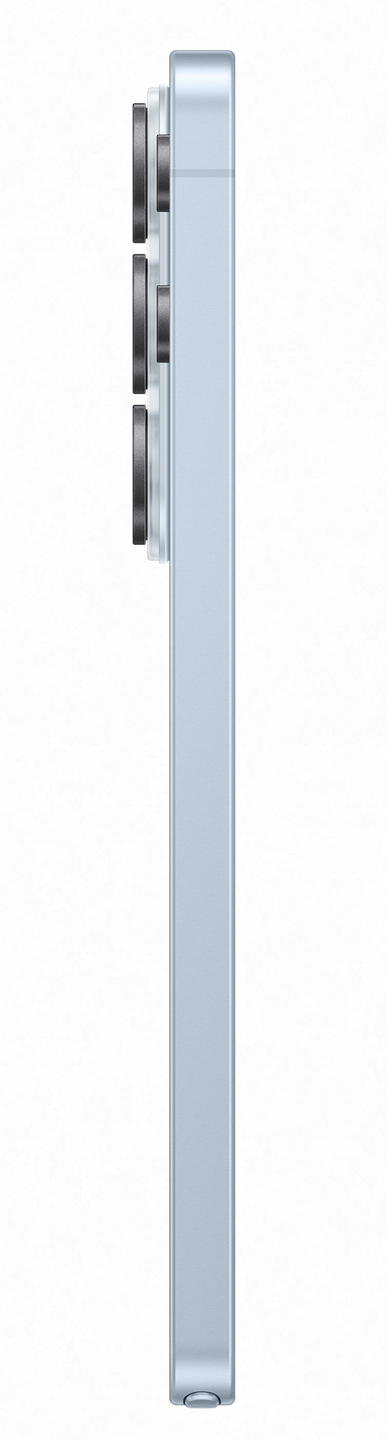 Tył jasnoniebieskiego smartfona z trzema pionowo ułożonymi aparatami.