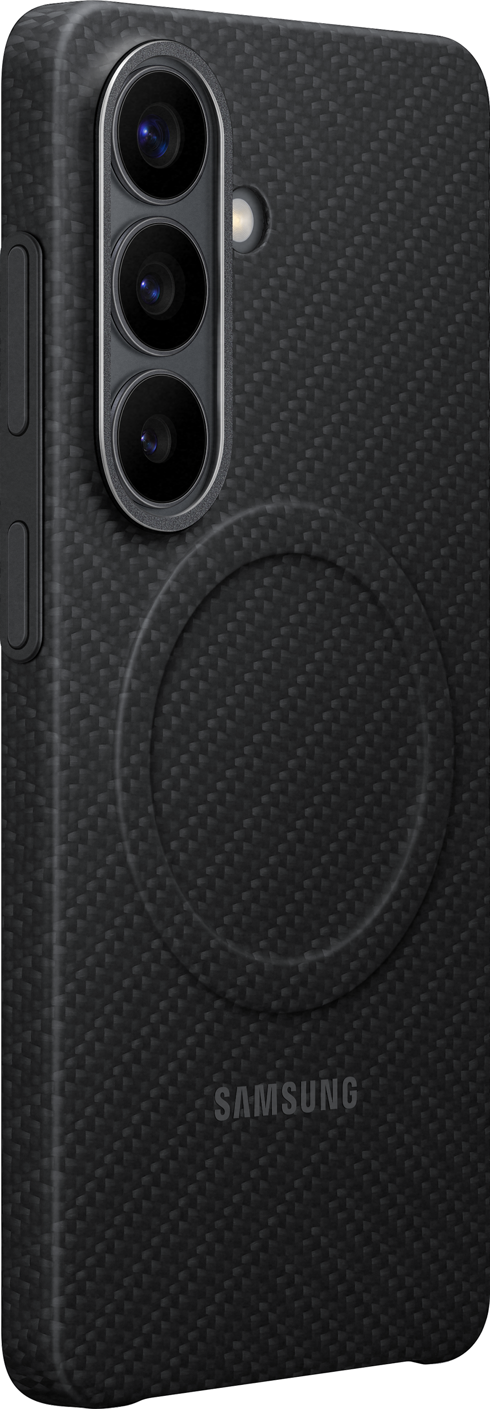 Schwarzes Handy mit Carbon-Muster, drei Kameras und Samsung-Logo.