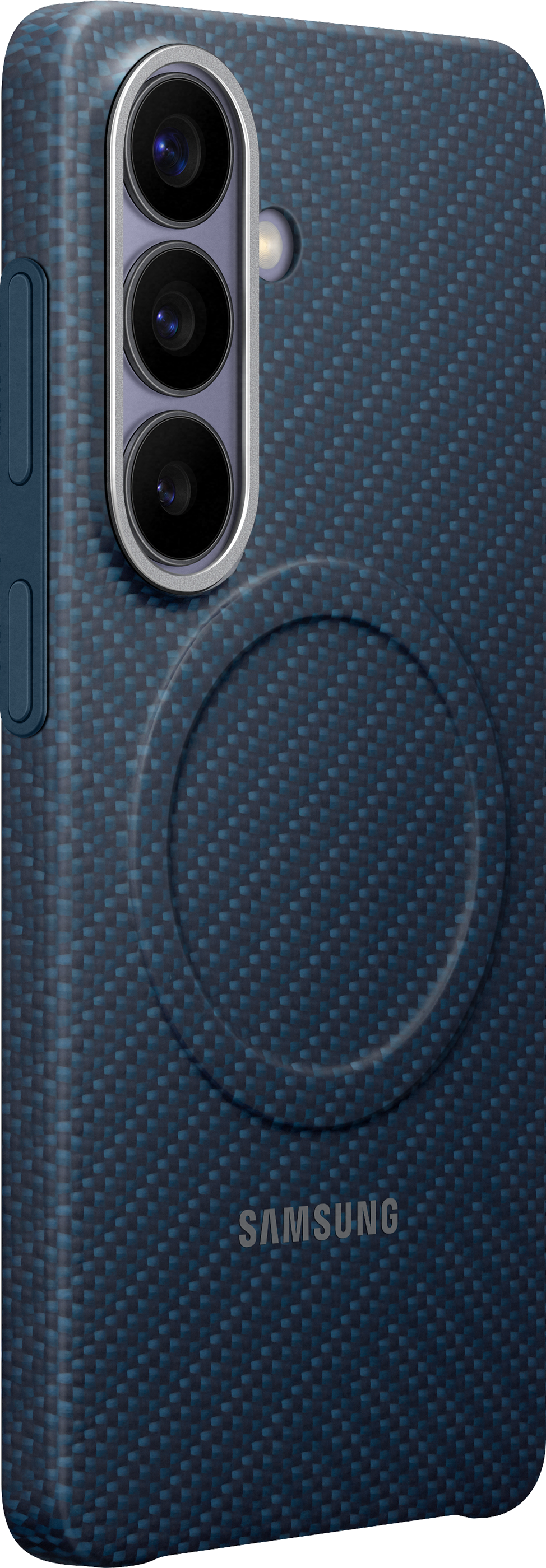 Custodia blu scuro con motivo carbonio, tre fotocamere e logo Samsung.