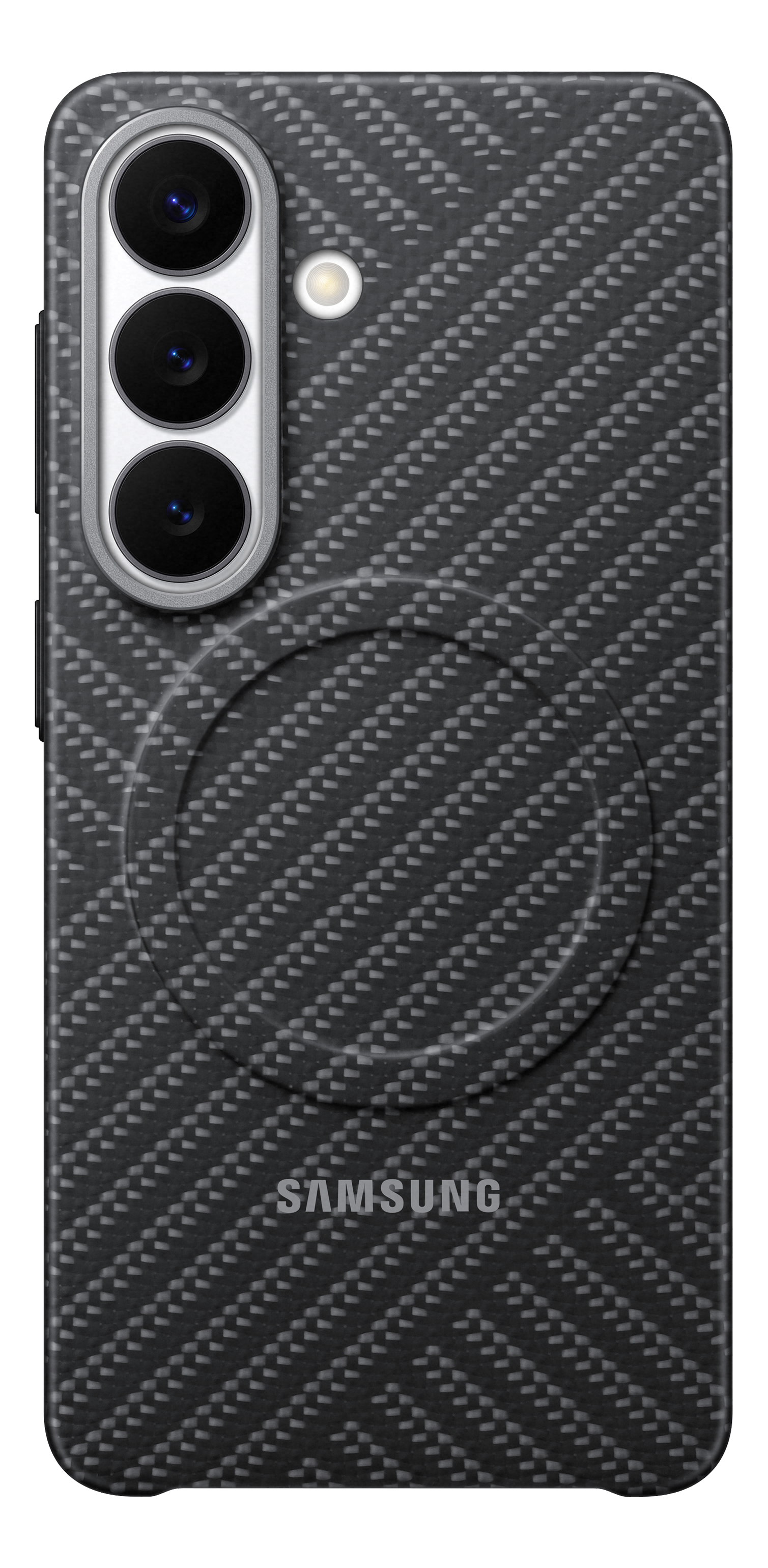 Rückseite eines schwarzen Samsung-Handys mit Carbon-Muster und drei Kameras.