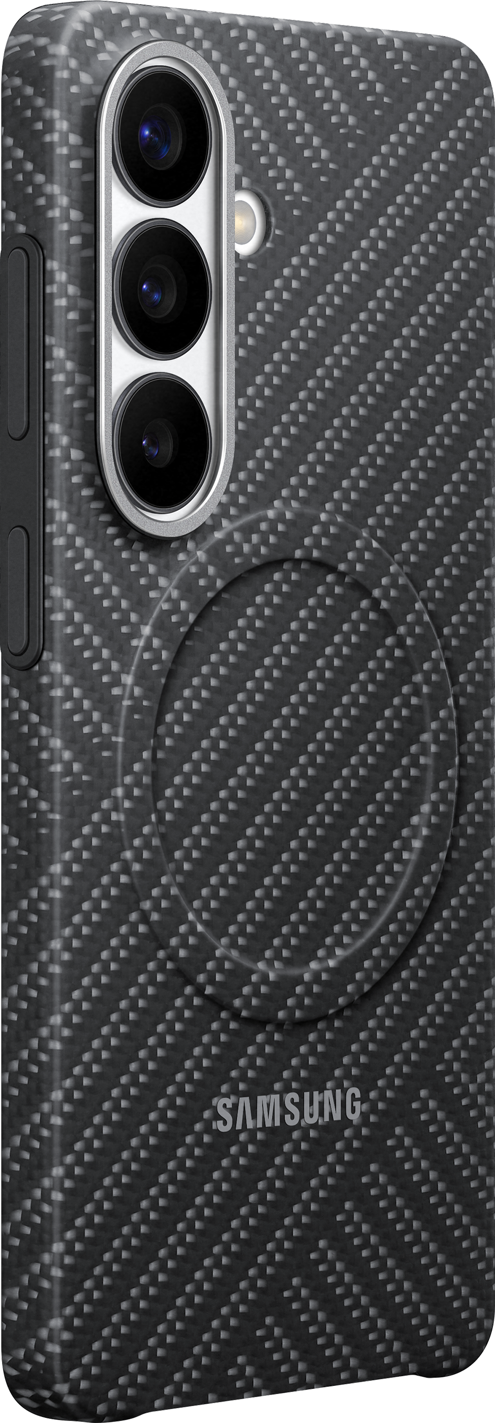 Rückseite eines Smartphones mit Carbonmuster, Kamera und Samsung-Logo.