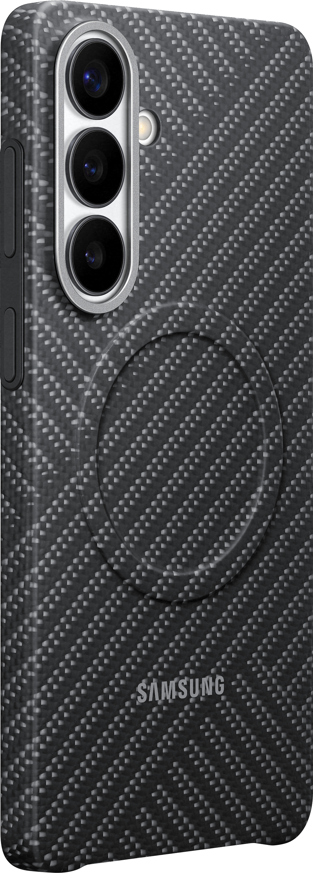Rückseite eines schwarzen Samsung-Smartphones mit Karbonfasermuster und drei Kameralinsen.