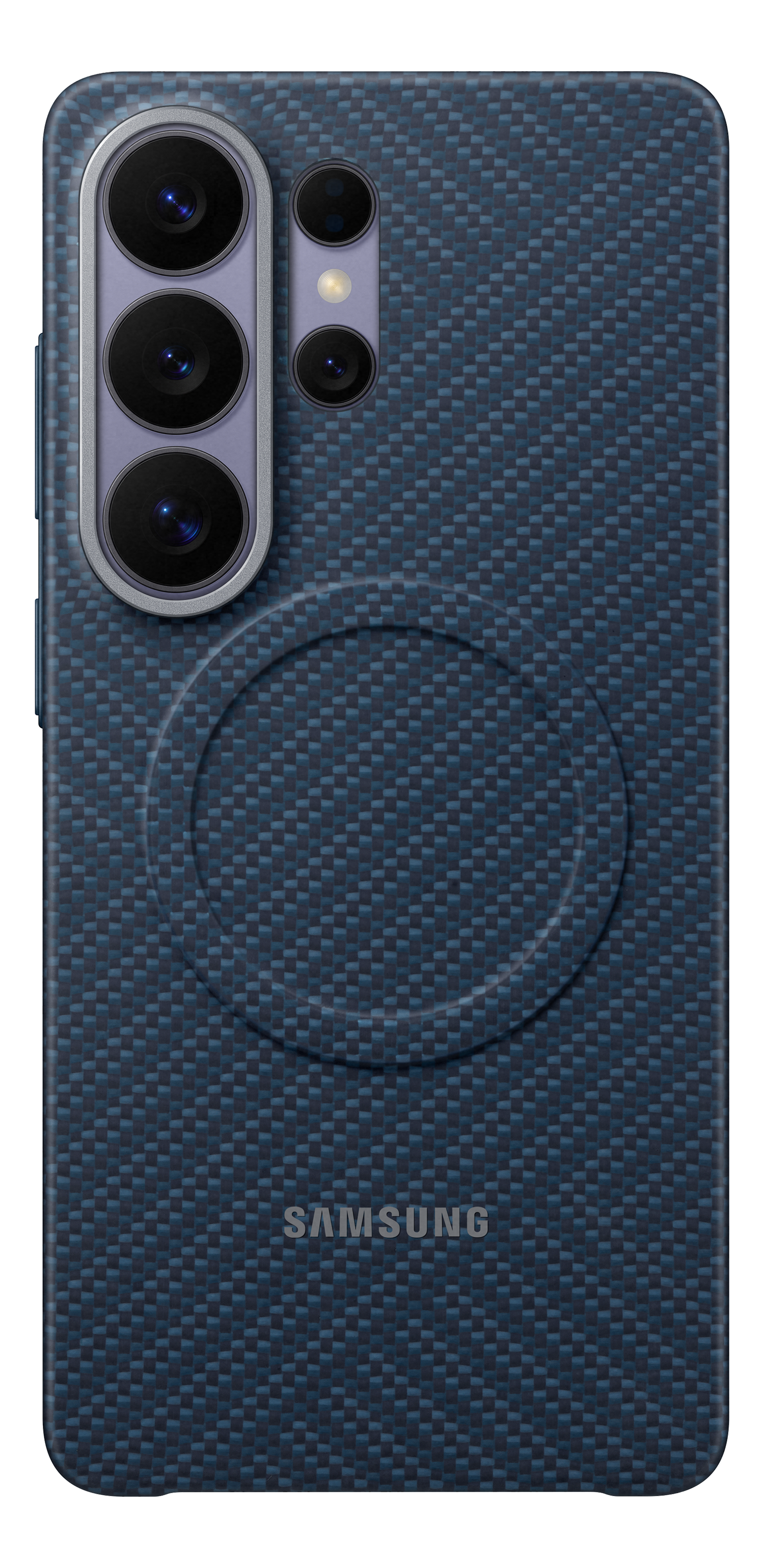 Rückseite eines blauen Samsung-Handys mit Karbonfasertextur und Kameramodul.
