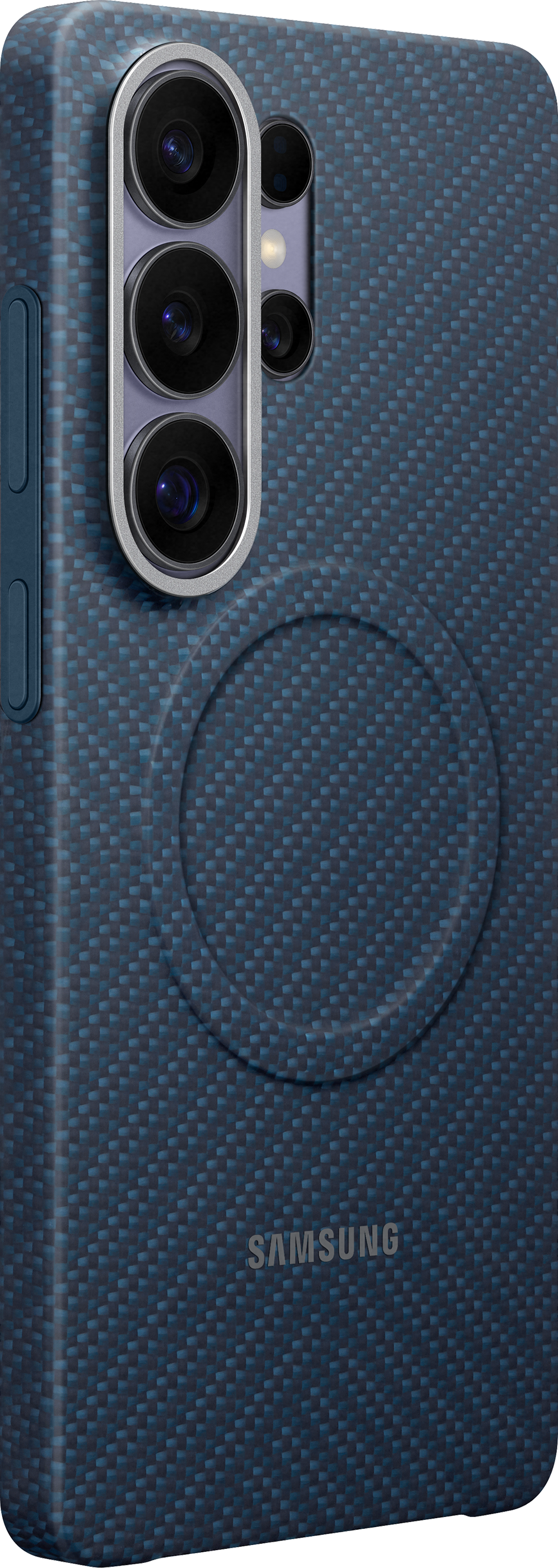 Dunkelblaues Handy-Case mit Carbon-Muster, Kamera-Array und Samsung-Logo.