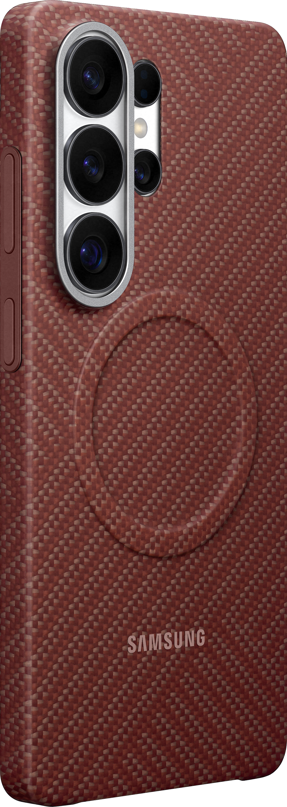 Retro di un telefono rosso con obiettivi della fotocamera e logo Samsung.