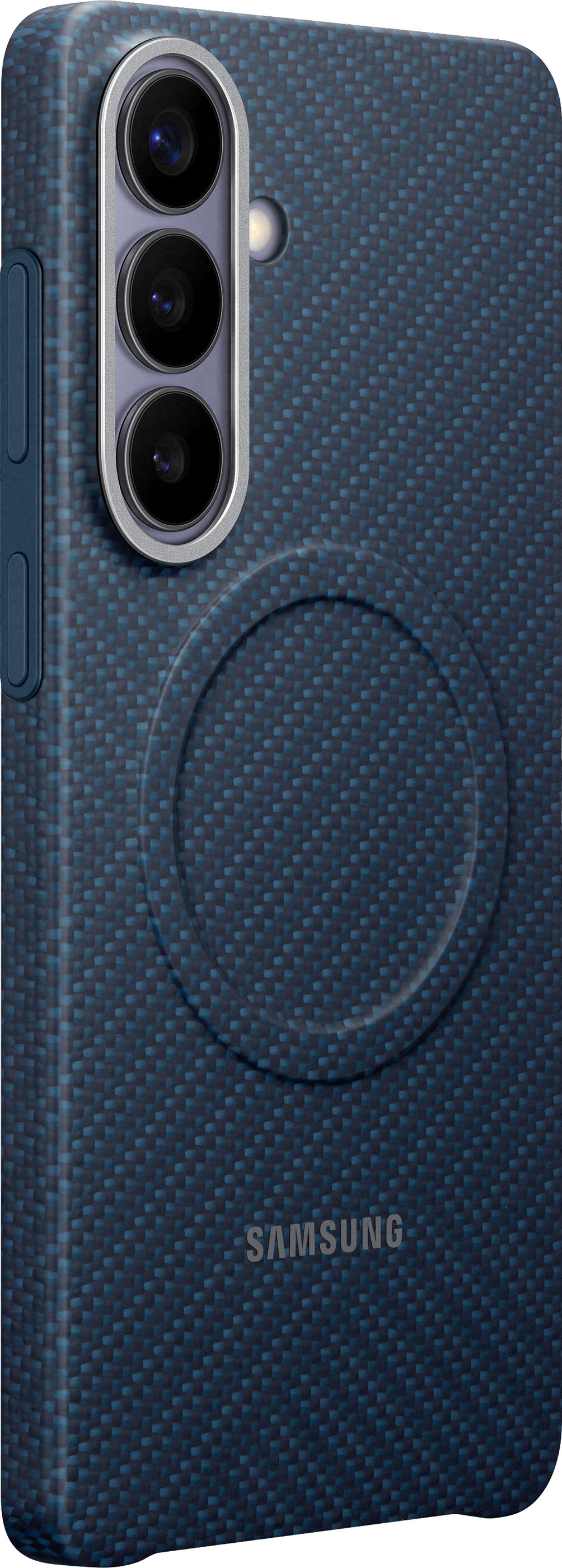 Rückseite eines blauen Samsung-Handys mit Kameras und Muster.
