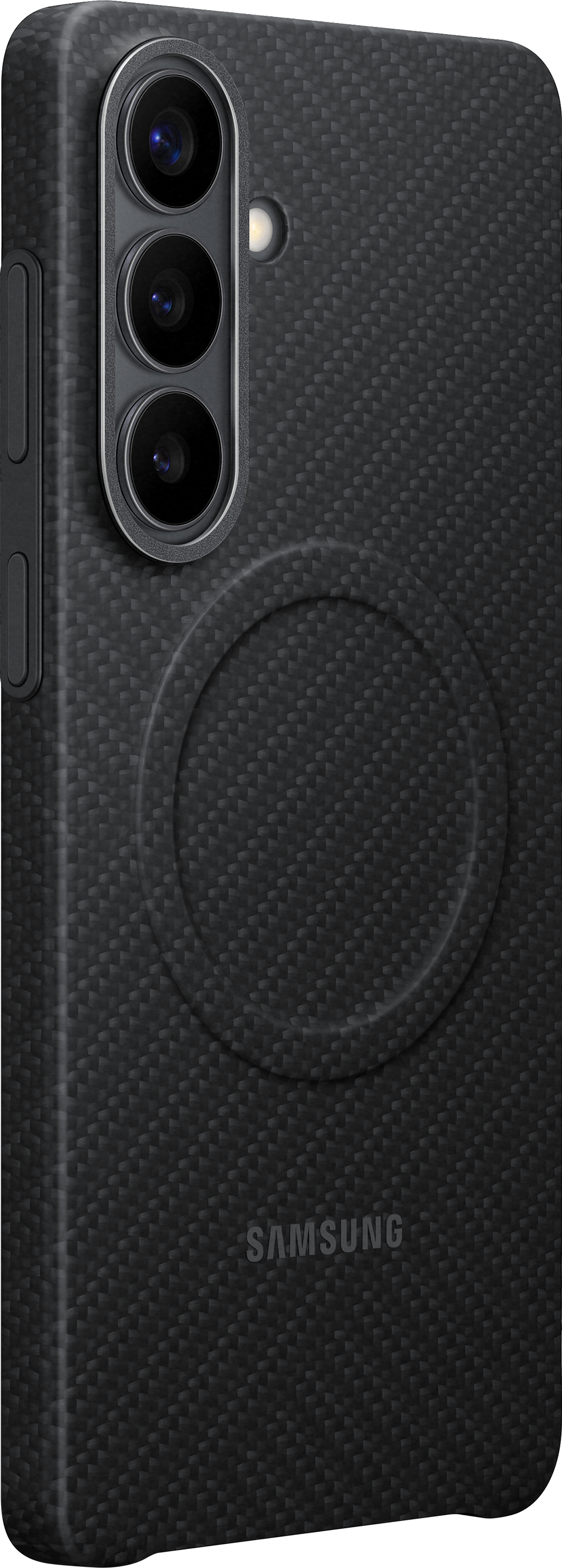 Retro di una cover nera per telefono con motivo in carbonio, fotocamera e logo Samsung.