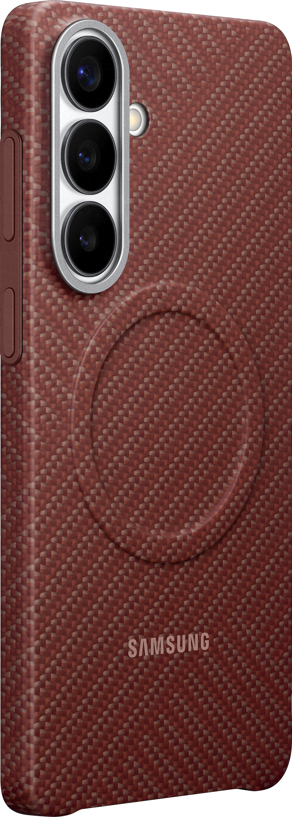 Rückseite eines roten Samsung-Handys mit dreifacher Kamera und kreisförmiger Ladefläche.