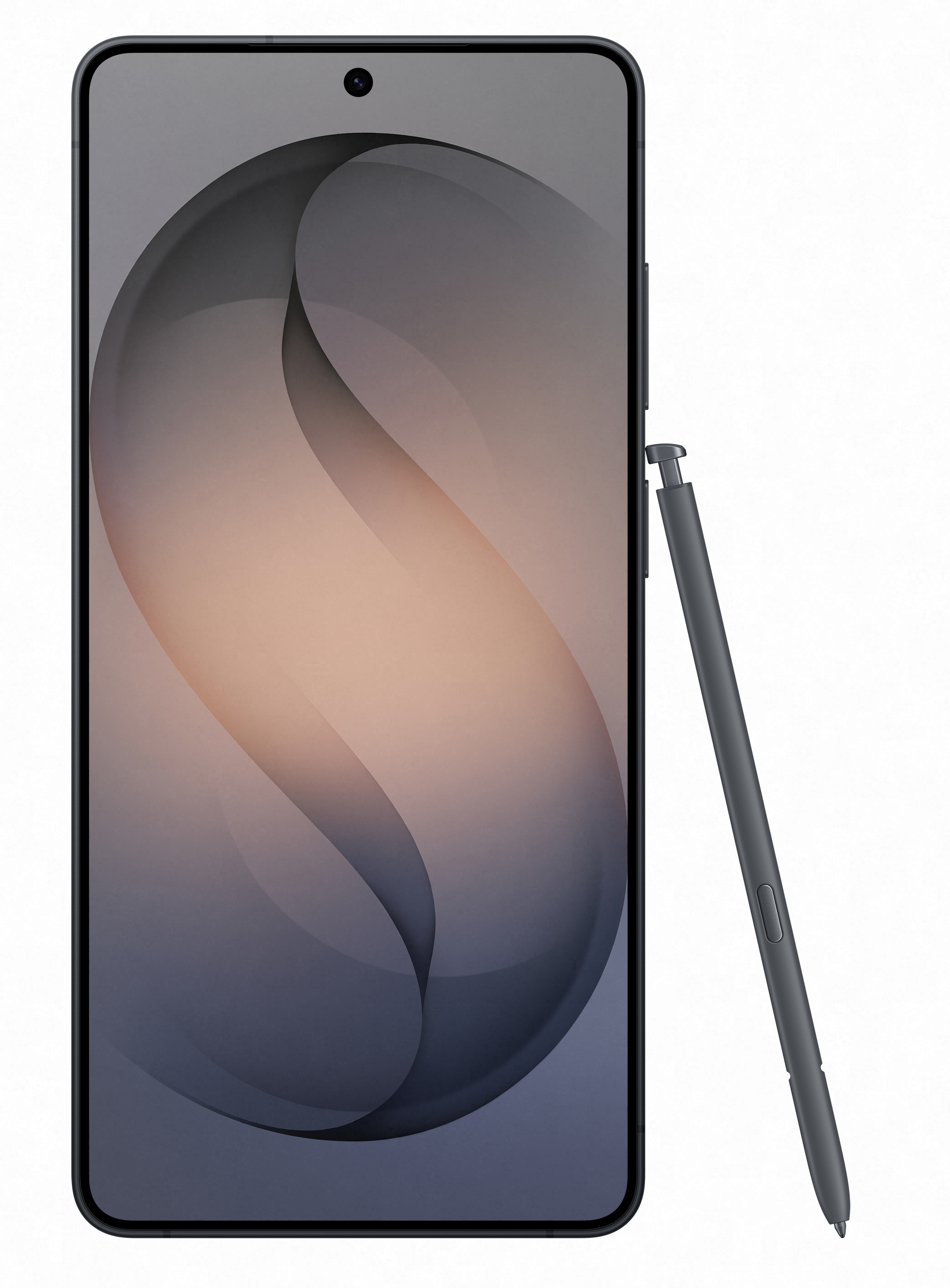 Ciemny smartfon z rysikiem obok, na białym tle.