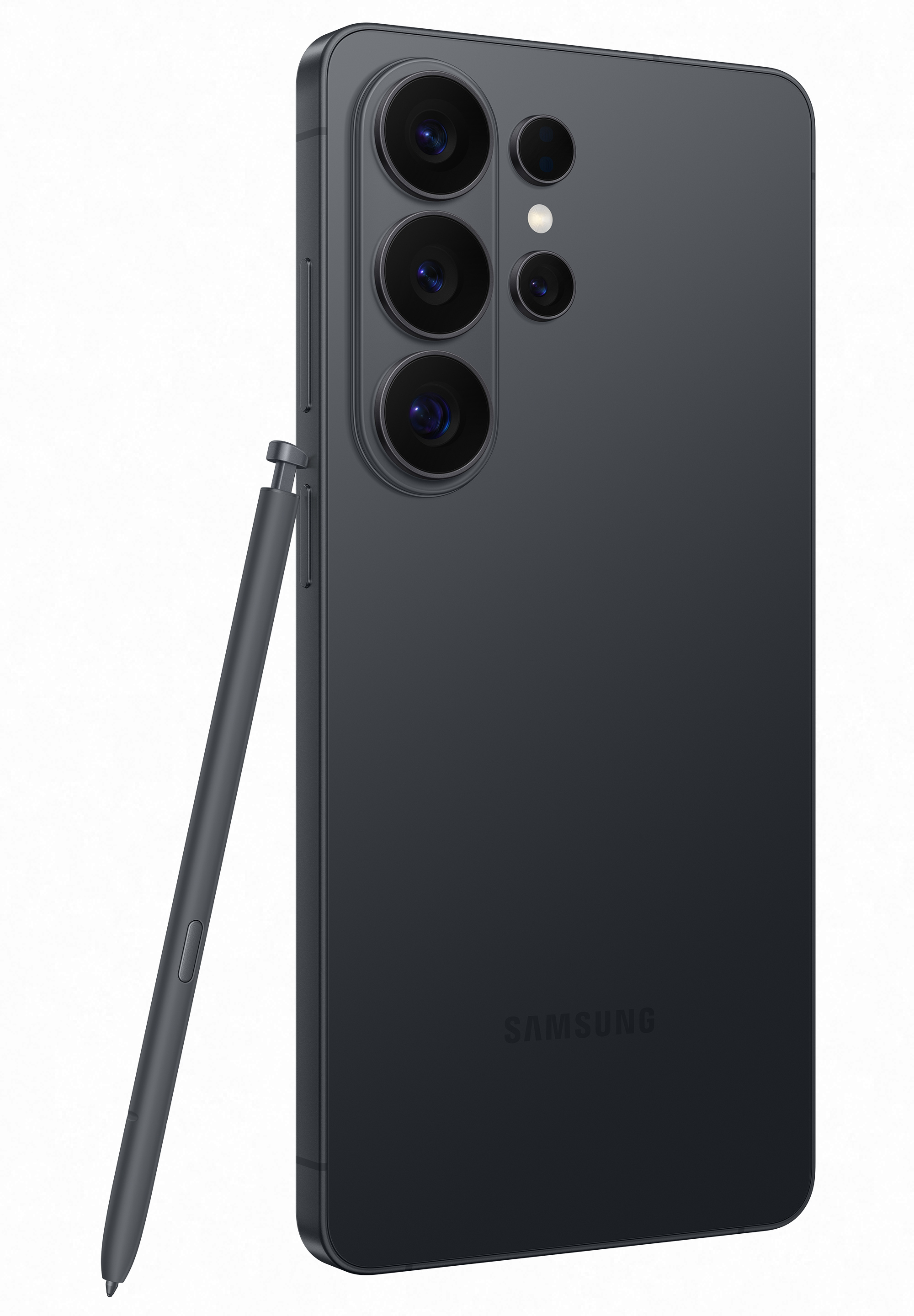 Ciemnoszary smartfon z rysikiem S Pen i czterema obiektywami.