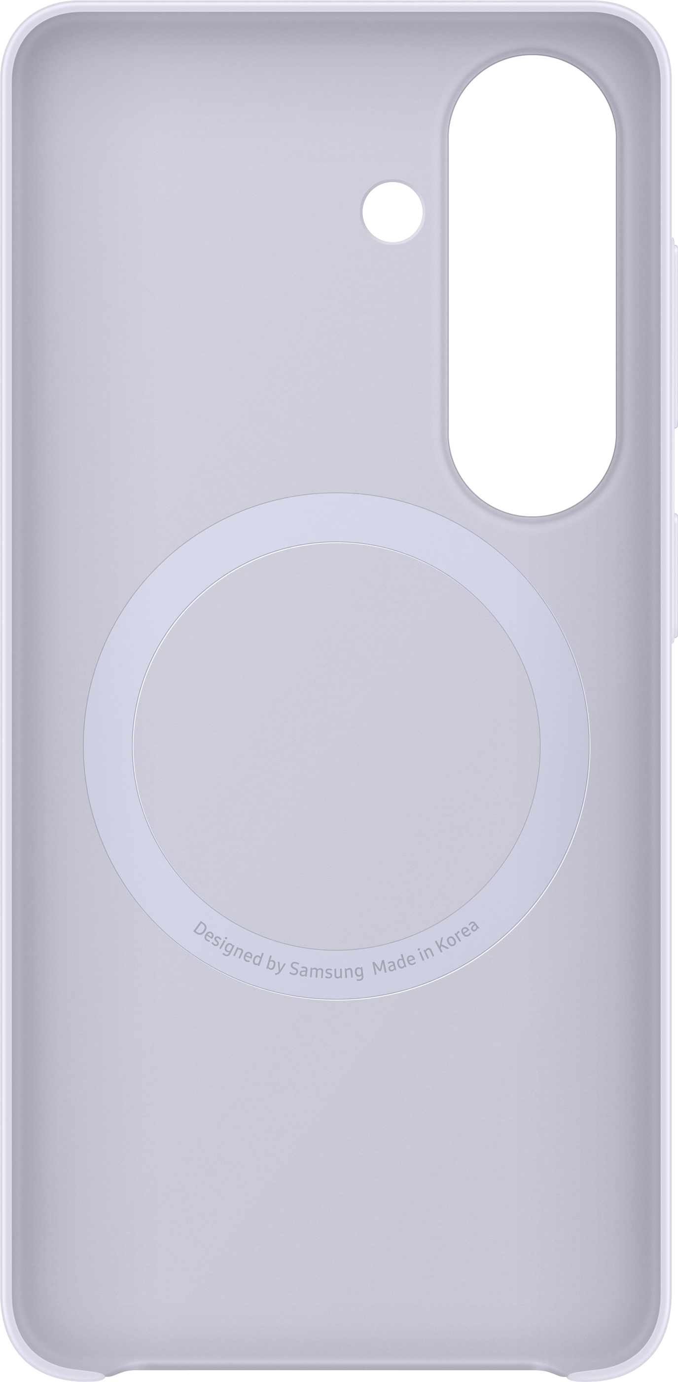 Una cover viola per telefono con design circolare e foro per fotocamera.