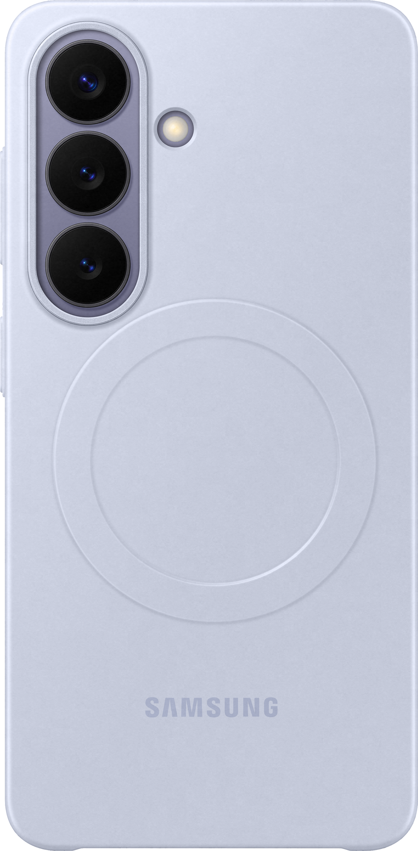 Retro di un telefono Samsung viola chiaro con tre fotocamere e un flash.