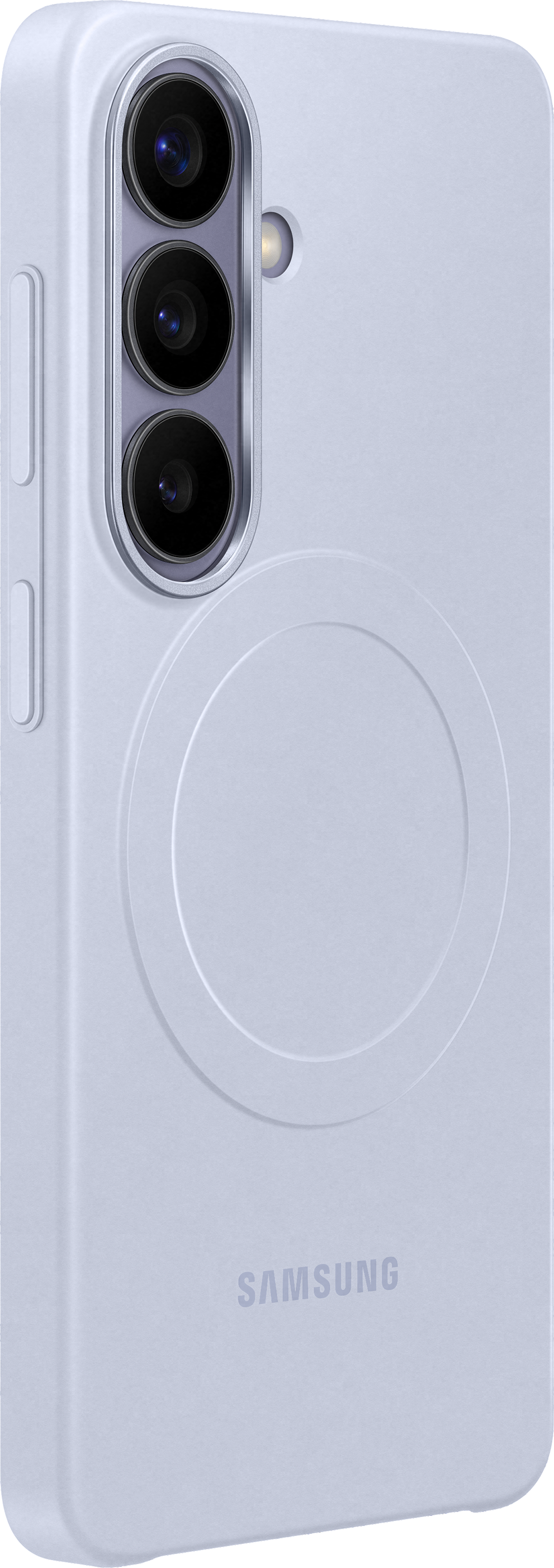 Dettaglio cover viola chiaro con modulo fotocamera e logo Samsung.