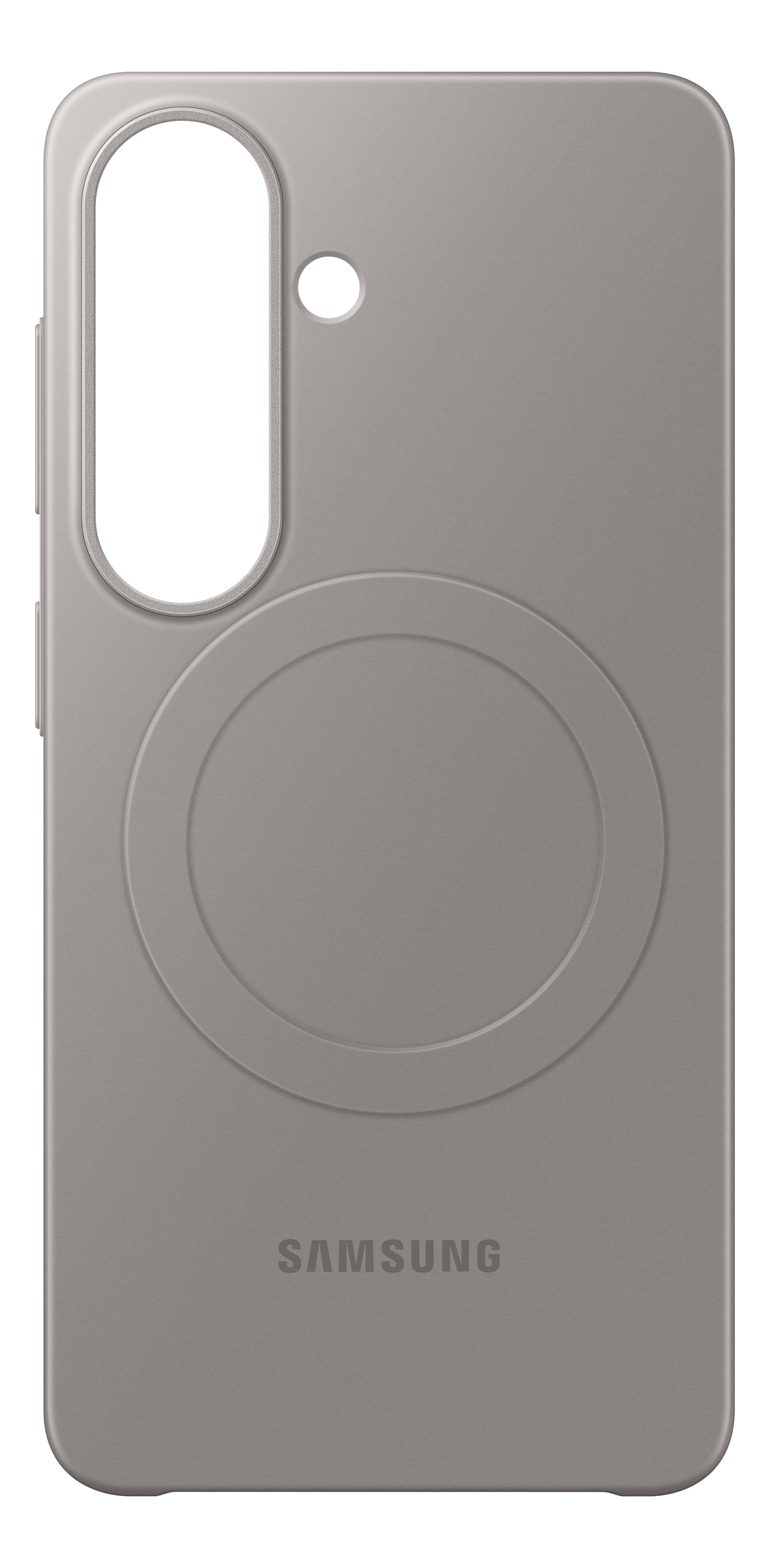 Custodia Samsung grigia con foro per fotocamera e motivo circolare.