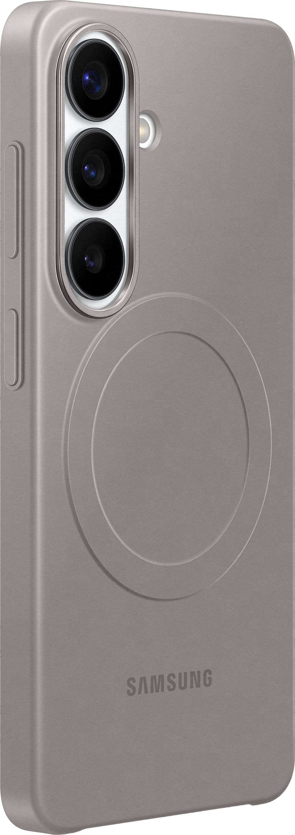 Custodia grigia per telefono con tre fotocamere, flash e logo Samsung.