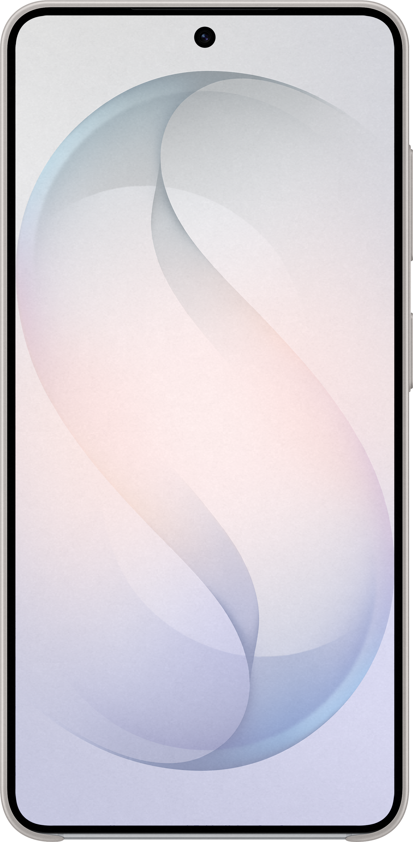 Uno smartphone con uno sfondo astratto a gradiente morbido nei toni del bianco, rosa e blu.