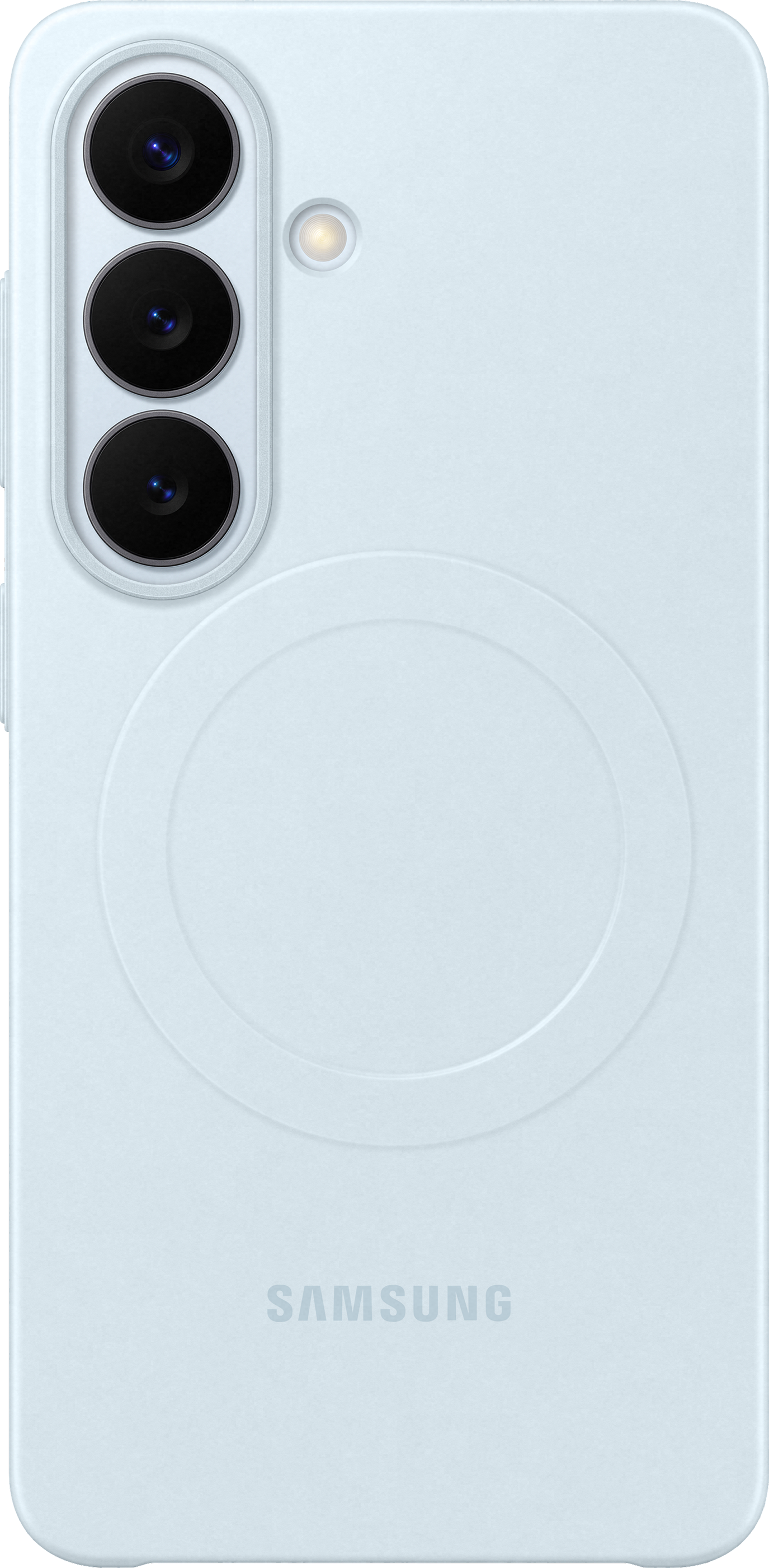 Smartphone azzurro con tre fotocamere posteriori e flash. Logo Samsung.