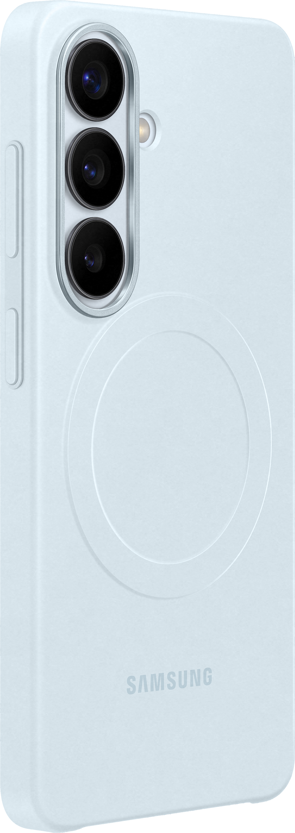Custodia azzurra per telefono con tre lenti e logo Samsung.