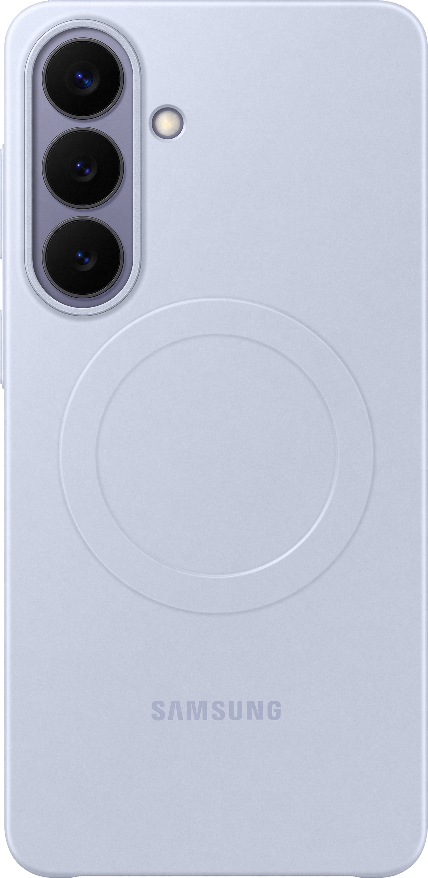 Un telefono Samsung viola chiaro con tre fotocamere e un design circolare.