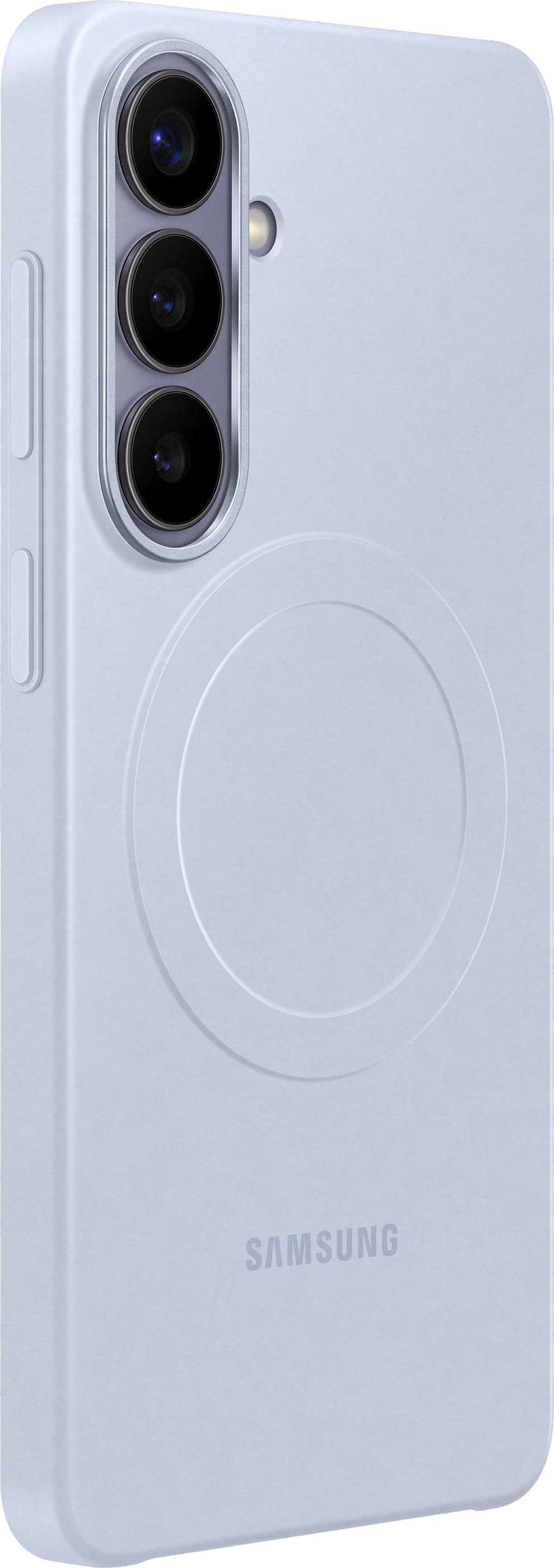 Retro di uno smartphone Samsung viola chiaro con tre fotocamere e un design circolare.