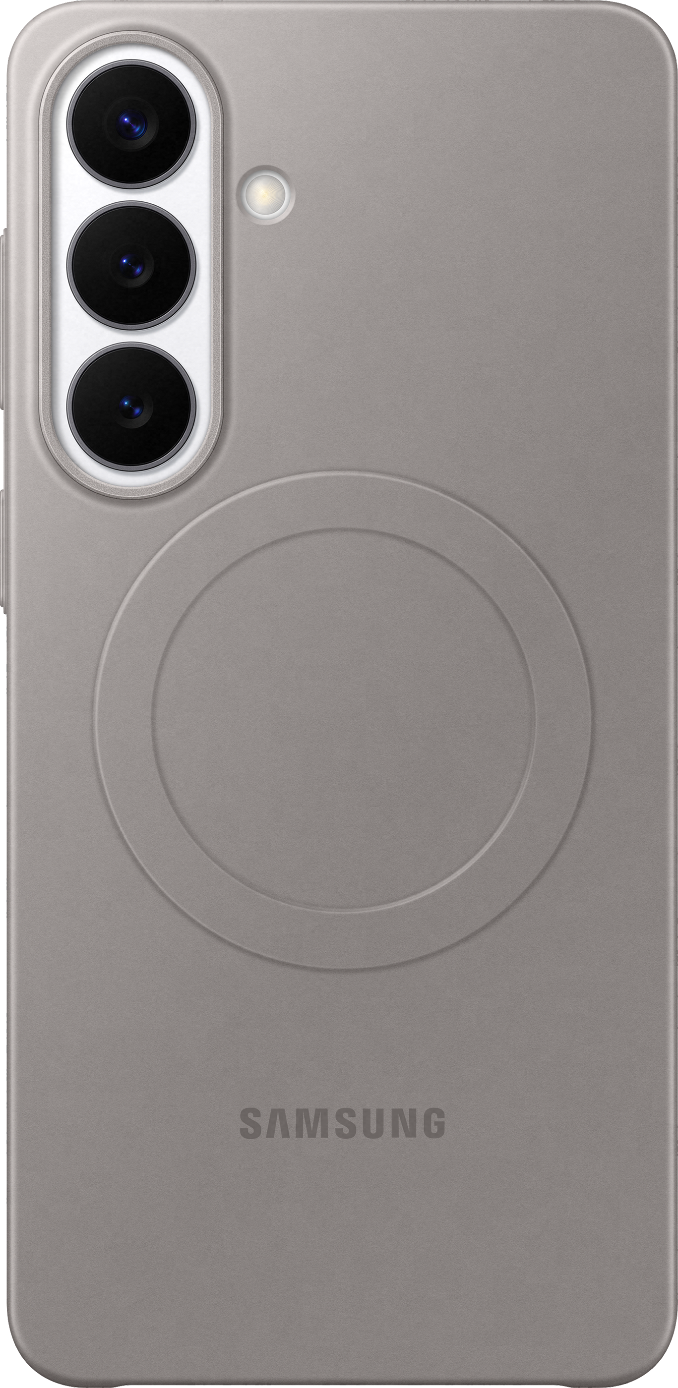 Custodia grigia per telefono con tre fotocamere e un motivo circolare.