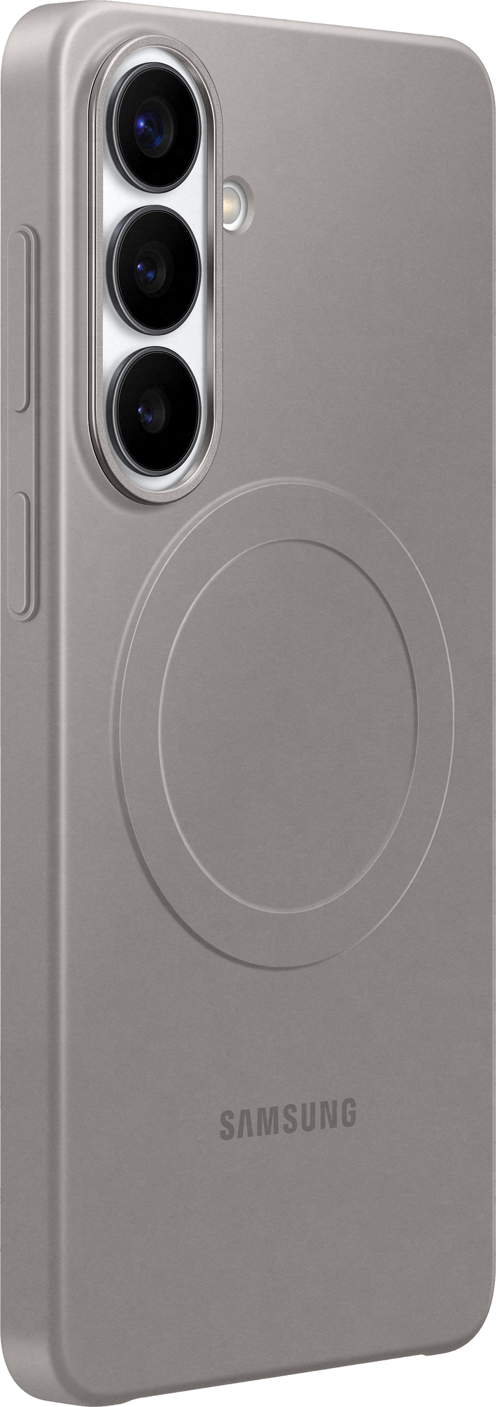 Retro di un telefono Samsung grigio con tre fotocamere e un cerchio.