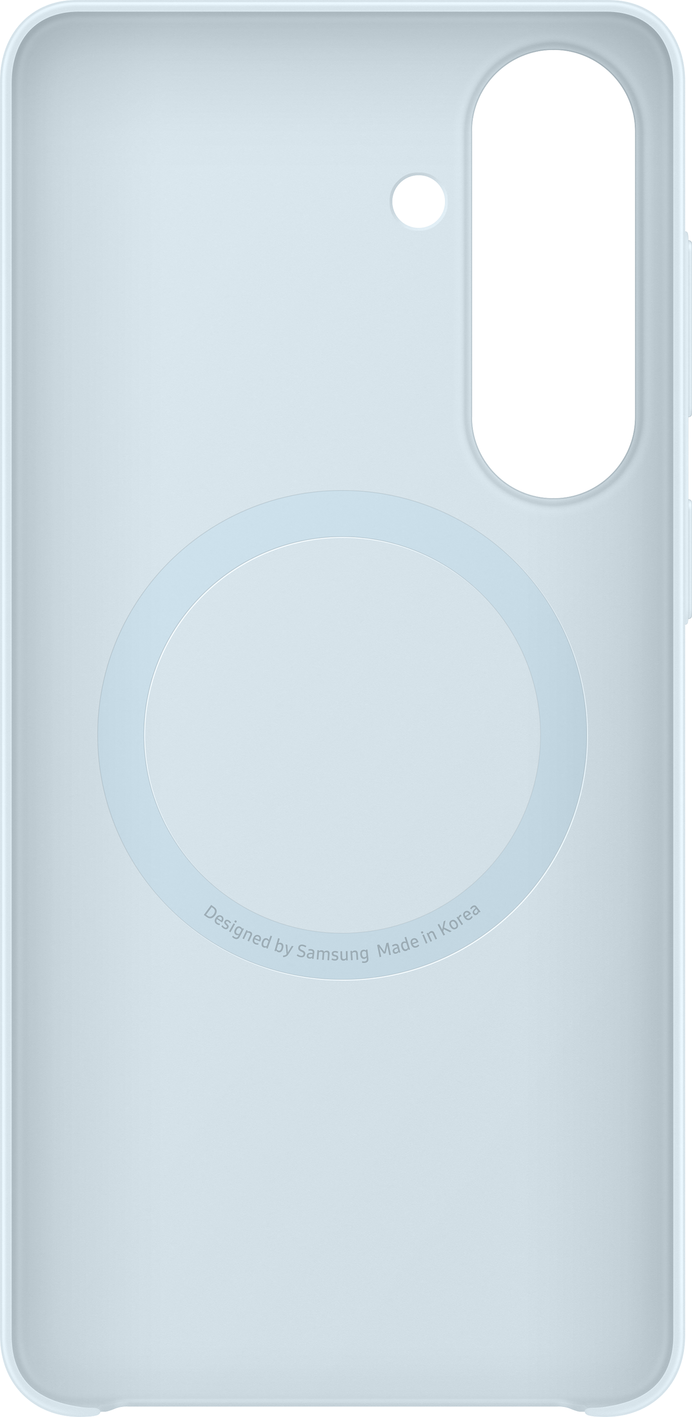 Custodia azzurra con design a cerchio e foro per fotocamera.