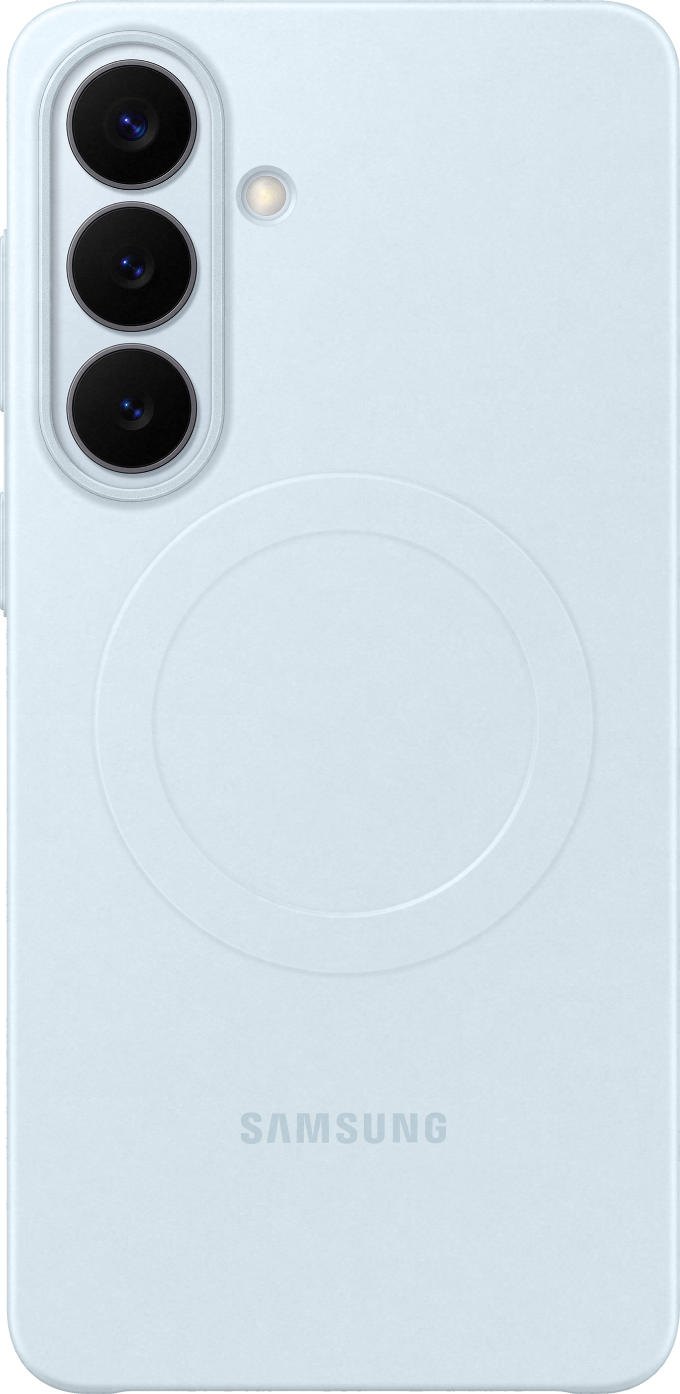 Smartphone azzurro con tre fotocamere e logo Samsung.